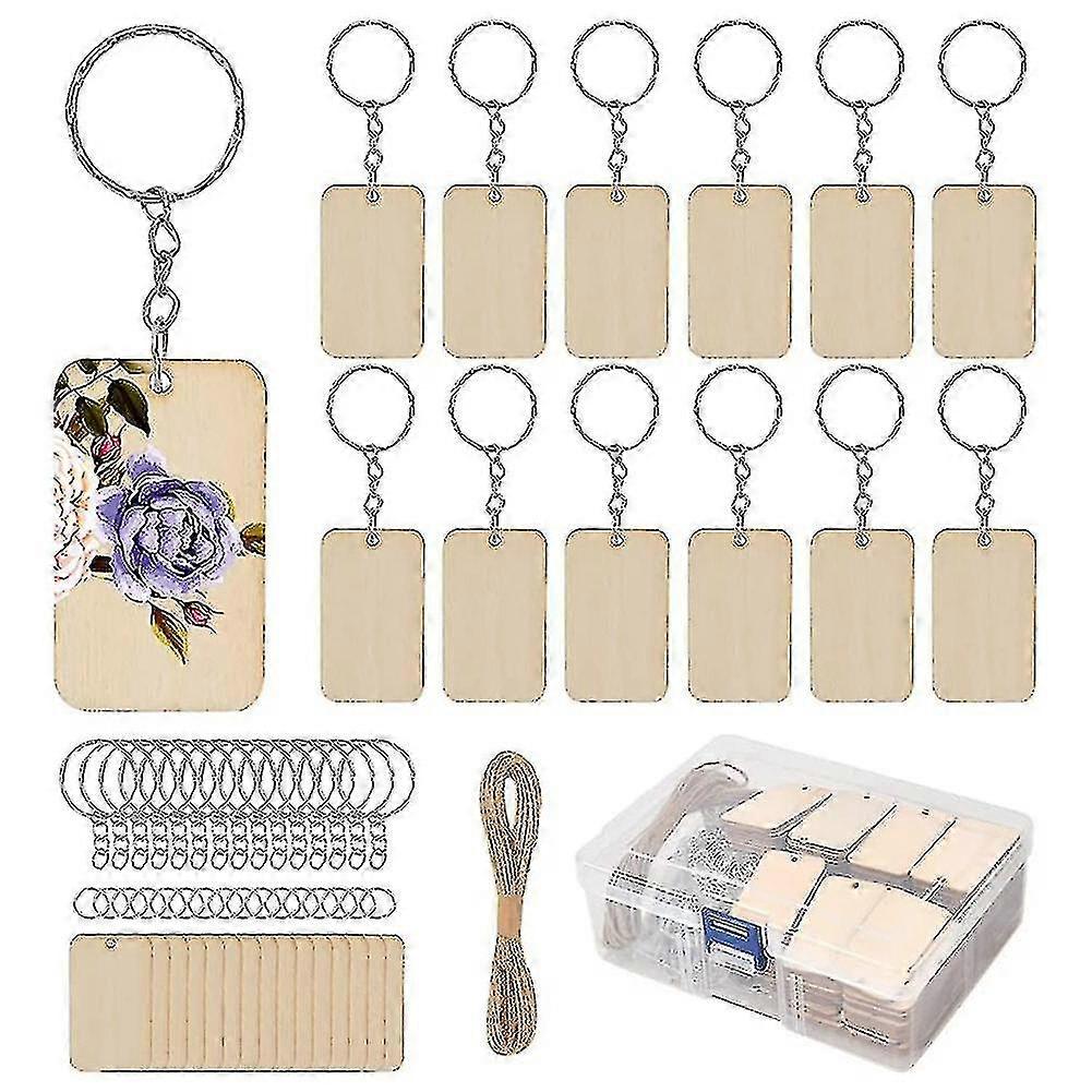 80pcs Blank Rectangle-shaped Wooden Keychain Set, 80pcs Key Rings