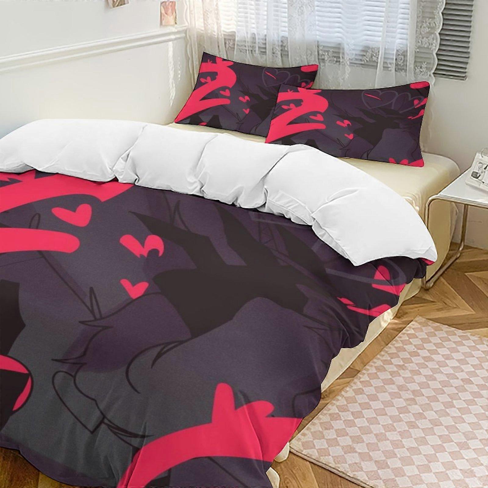 v242 Hazbin Hotel 2 Cama Capa de Edredom Microfibra Conjuntos de Cama Leve 3 Peças Conjuntos de Edredom, 1 Capa de Edredom e 2 Fronhas para Crianças aa242