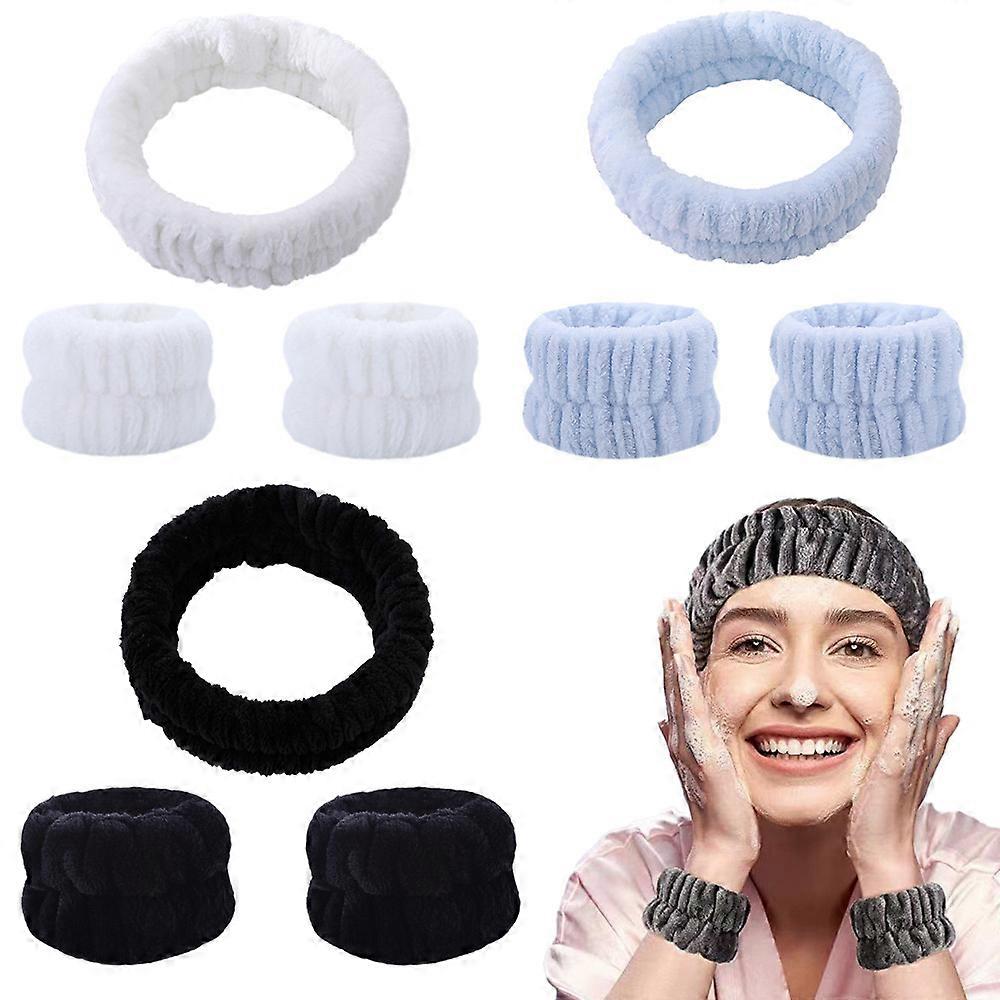 9 Pcs Reusable Spa Headband Wrist Washband Face Wash Set Include 3 Microfiber Headband 6 Wrist Washband