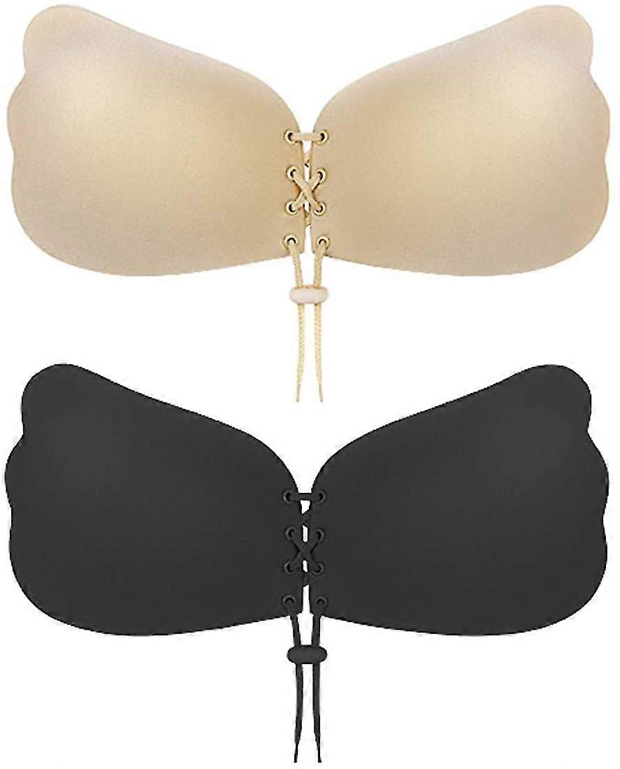 2 Pack Invisible Adhesive Strapless Backless Bra, Stick on Bra with Drawstring, Reusable & Skin Friendly Sticky Silicone Padded for Everyday Wearing, 
