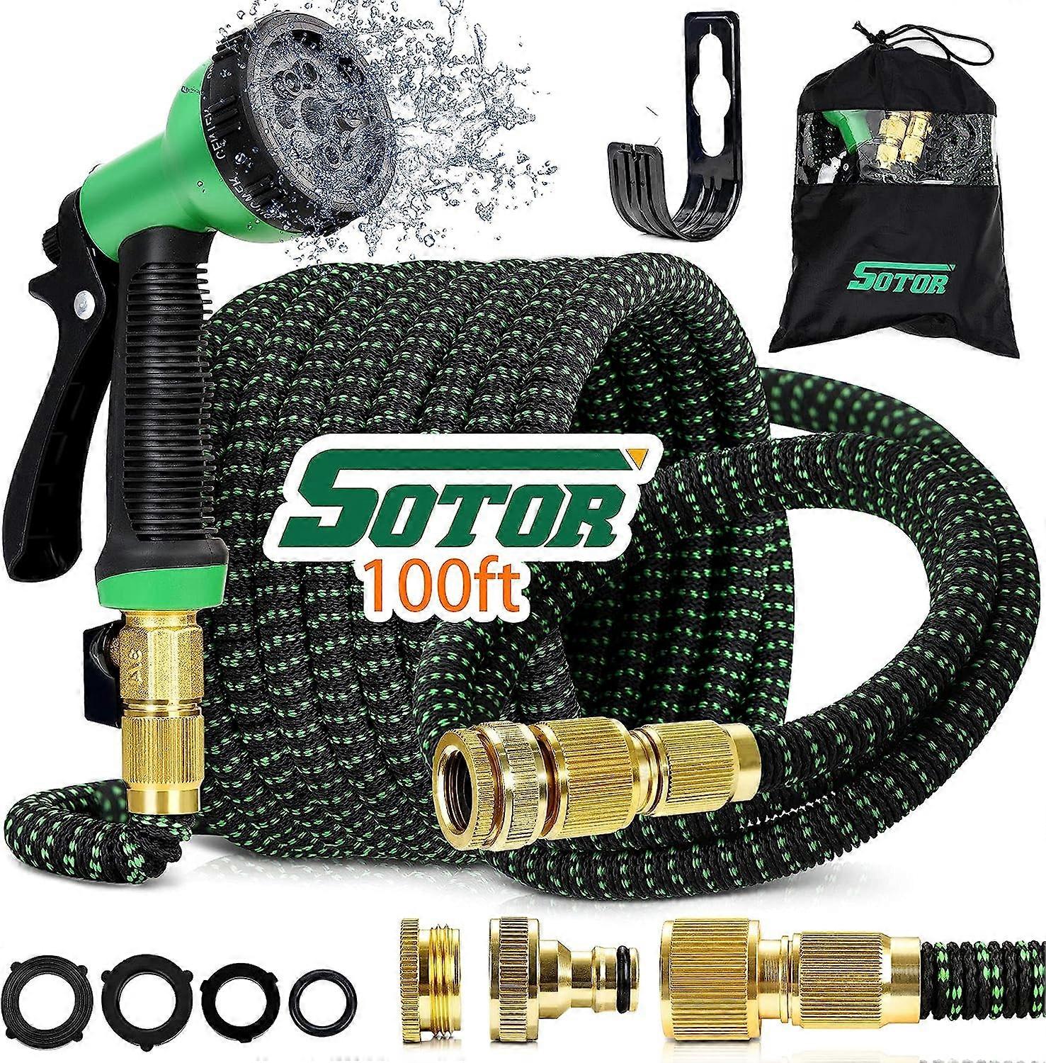 Garden Hose, 100FT/30m The garden hose consists of three layers of retractable latex hose, brass fittings, flexible hose storage bag, hose hanger