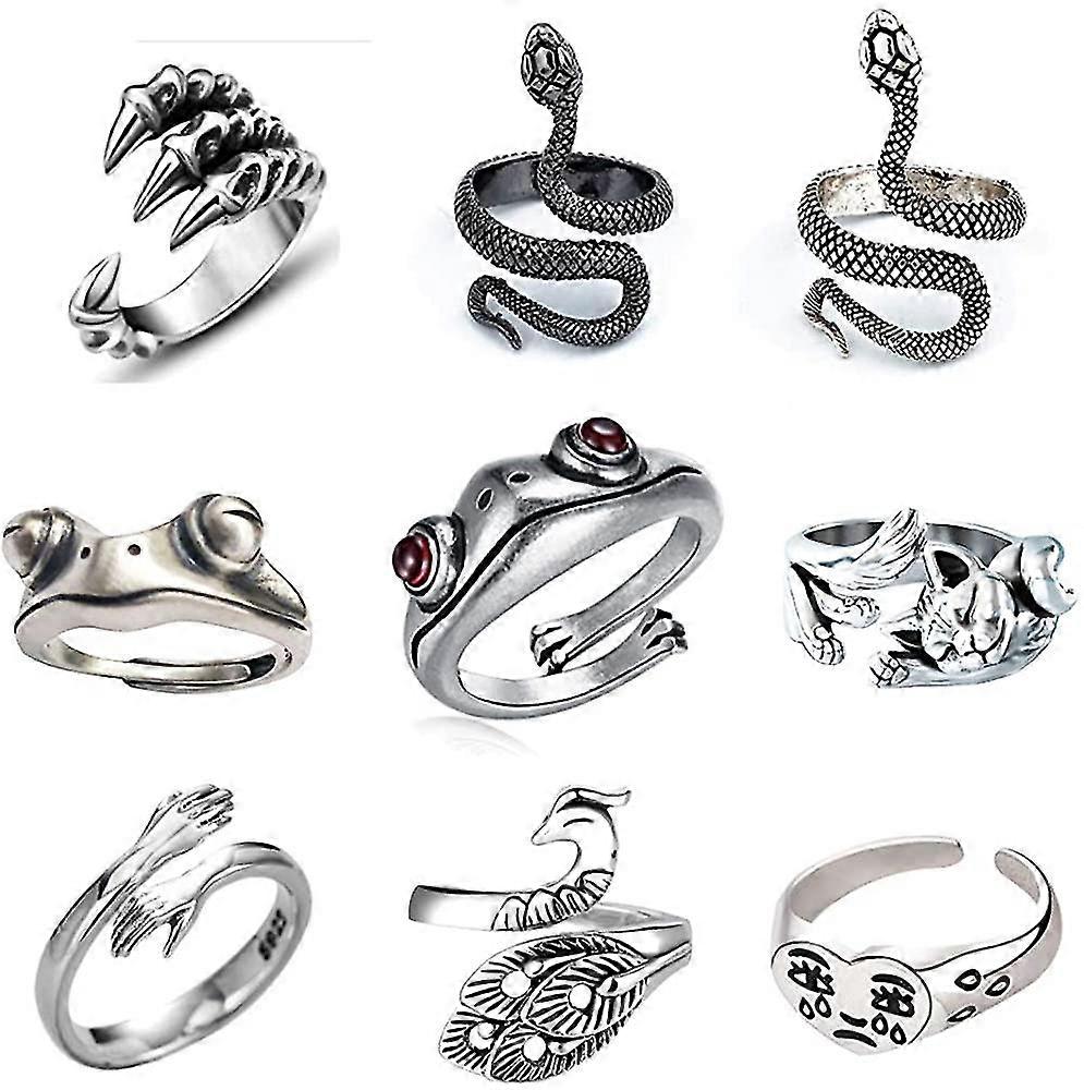 9pcs silver plated vintage frog rings , snake adjustable ring set