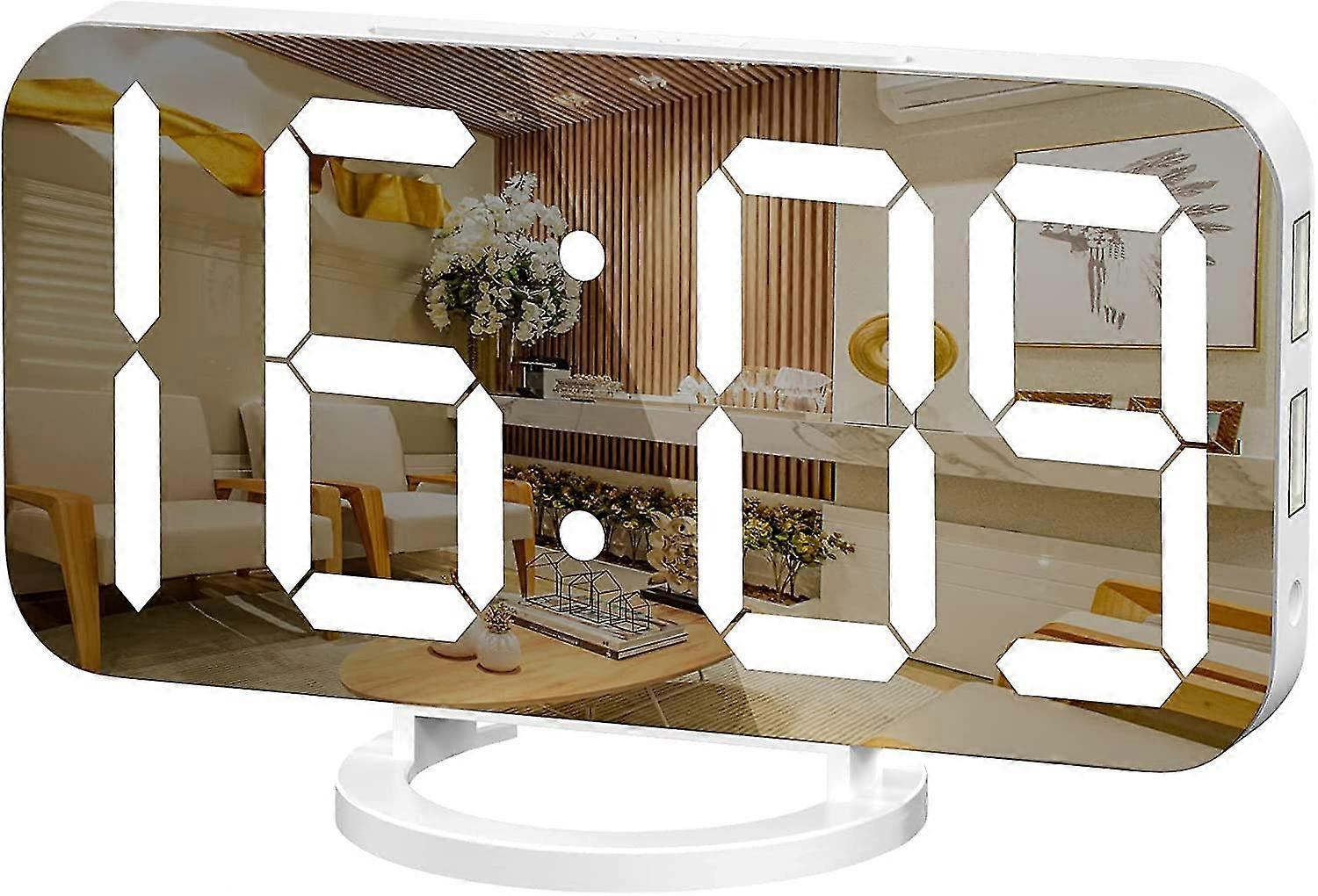 Digital Alarm Clock, Large Mirrored Led Display, With Usb Charger  -white