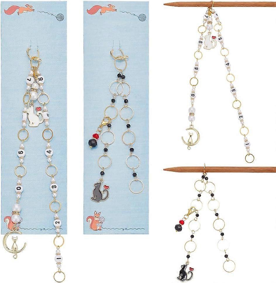 2 Pcs 2 Styles Cat Pendant Knitting Row Counter Chains Acrylic 0-9 Number Row Counter Chains Glass Beaded Row Counting Accessories for Knitting Croche