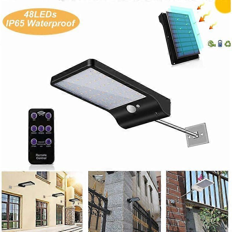48 LED Motion Sensor Dimmable with Wireless Remote Waterproof Solar Light Black