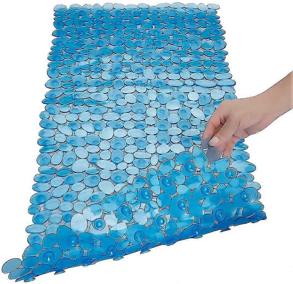 16*35In Non Slip Cobblestone  Bath Shower Mat with Drain Holes, Suction Cups Mat, Clear Blue
