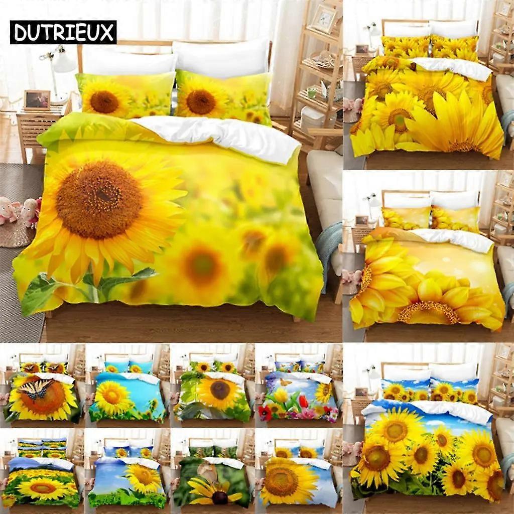 a2333 Lençóis Capa de edredão floral Girassol Capa de edredão Conjunto de cama com fronha Camas de casalConjunto de cama de 3 peças (1 capa de edredom + 2 travesseiros