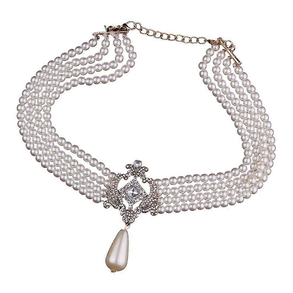 Multi Strand 4 Layer Crystal  Simulated Pearls Bib Choker Necklace