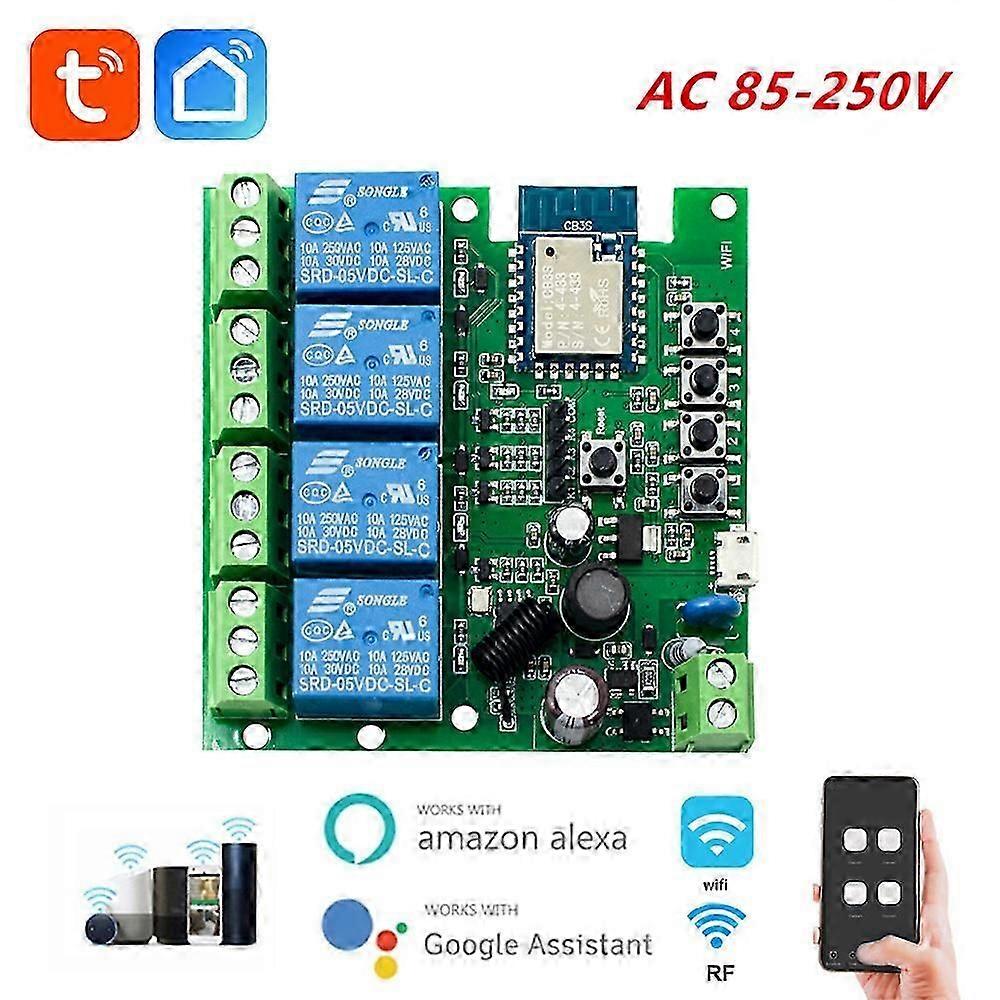 4ch Tuya Smart Remote Control Wireless Wifi Switch Module Dc7-32v Ac85-250v 2200w Rf Receiver 10a Relay For Alexa Google Home