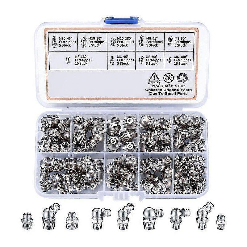 60Pcs Metric Grease Fittings Kit, M6 M8 M10 45 90 Degree Hydraulic Grease Zerk Assortment for Angled Grease Mechanical