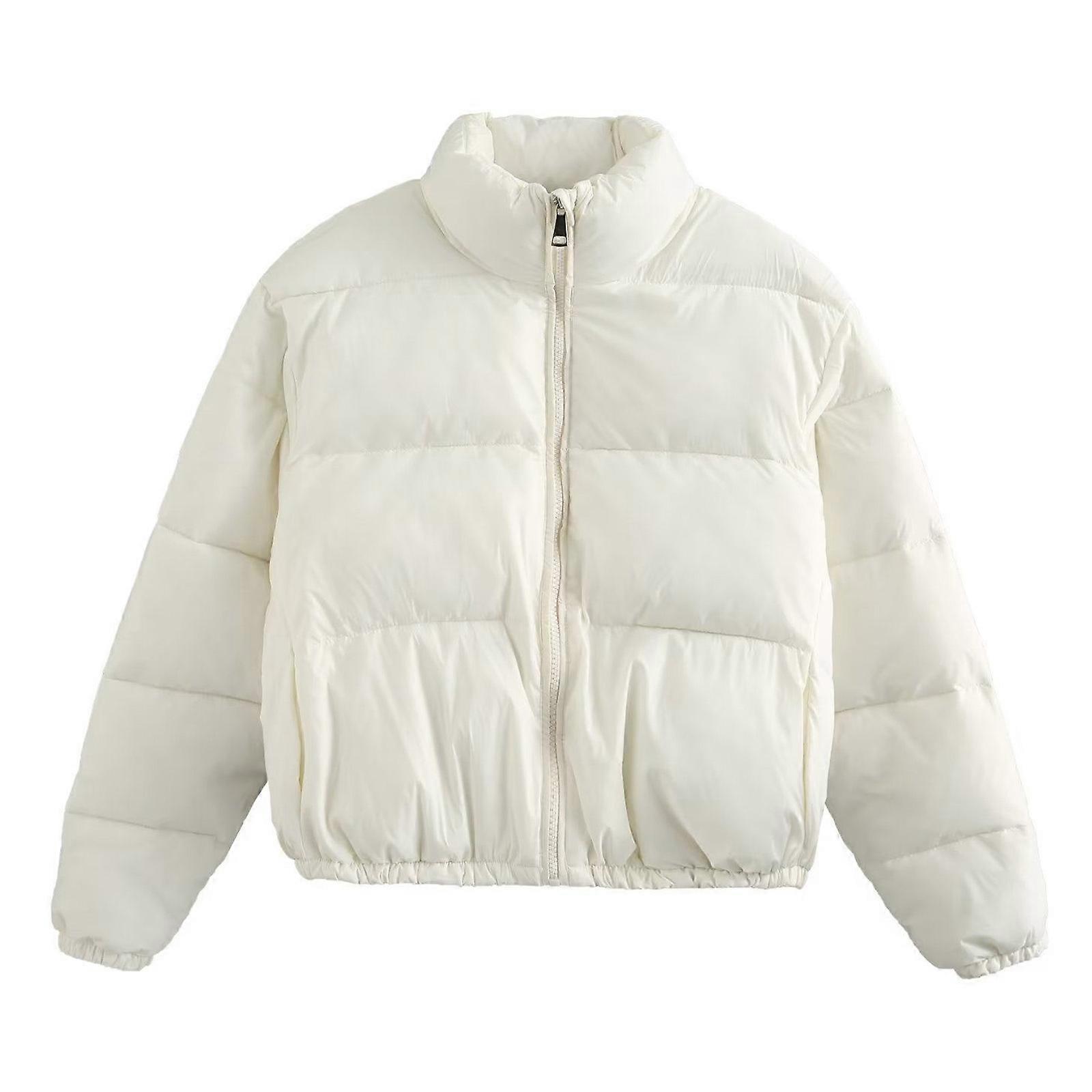 Puffer Jackets for Women Cropped Zipper Up Padded Bubble Coat Warm Quilted Winter Loose Solid Color Outwear with Pockets  XS White