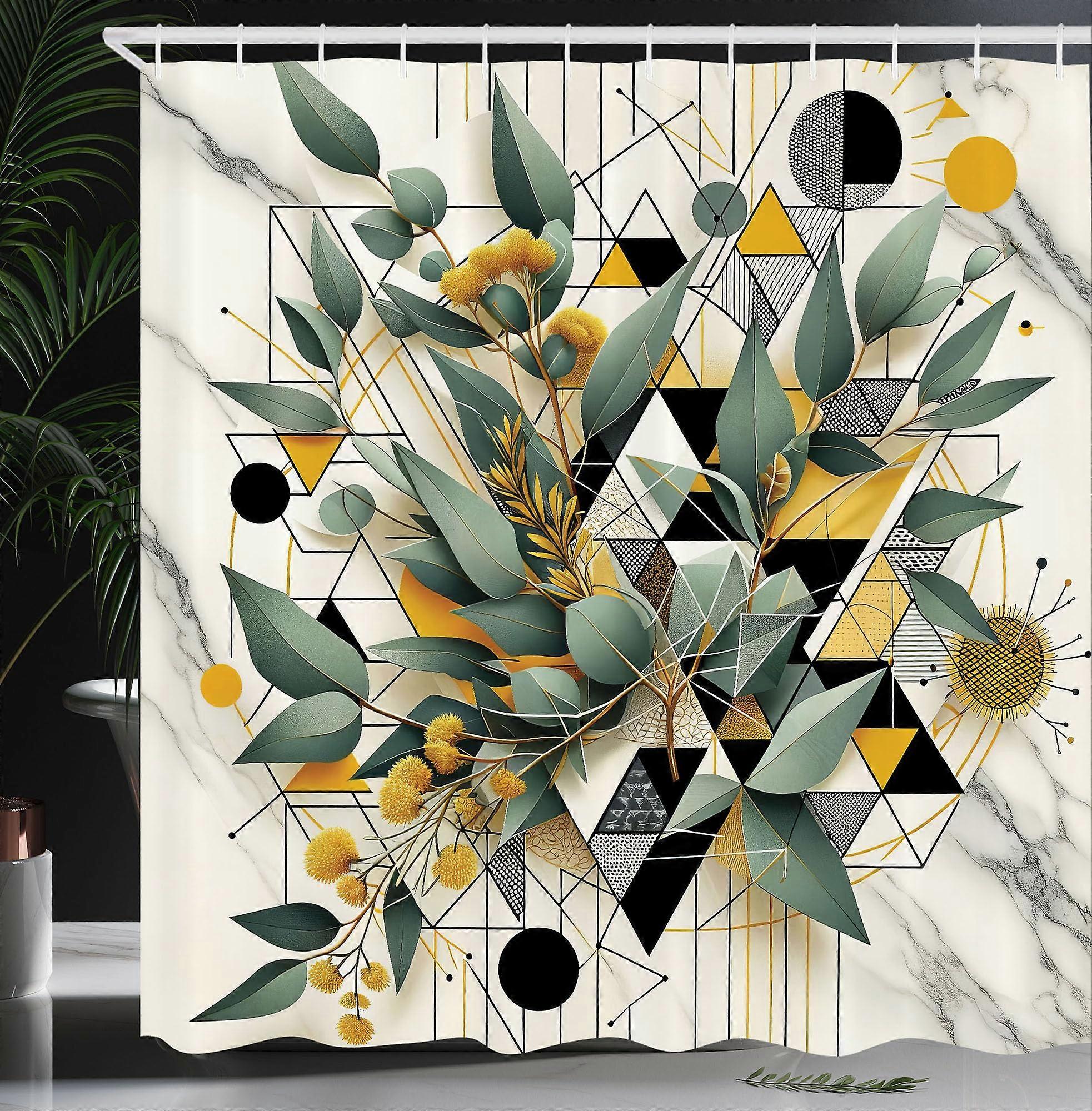 Pack Shower Curtain Blossomy Leaf Pattern Abstract Geometric Details Marble Print Bathroom Decor Set with Hooks 69" W x 70" L