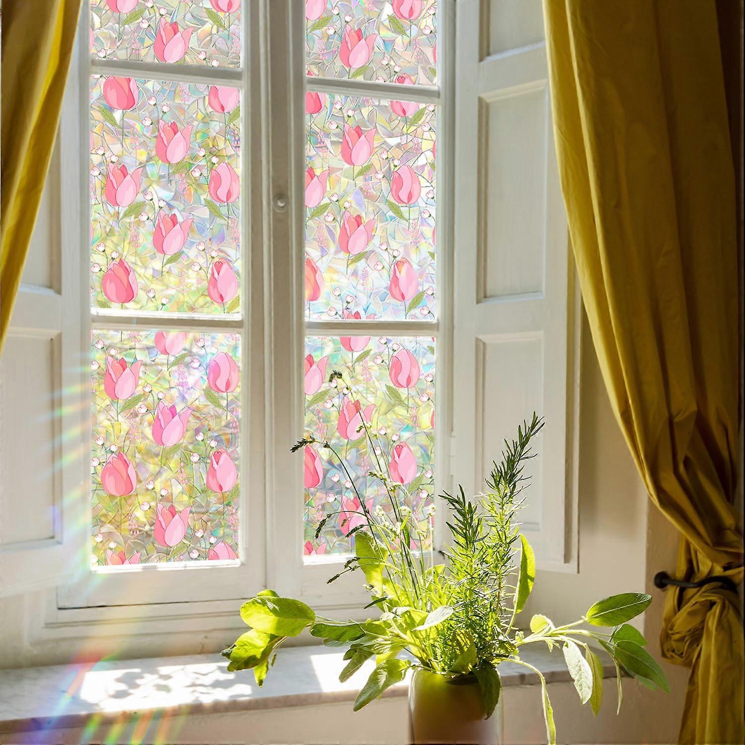 Stained Glass Static Cling Window Film 15.74 x 39.37 in Decorative Floral Design for Home Office Room Decor