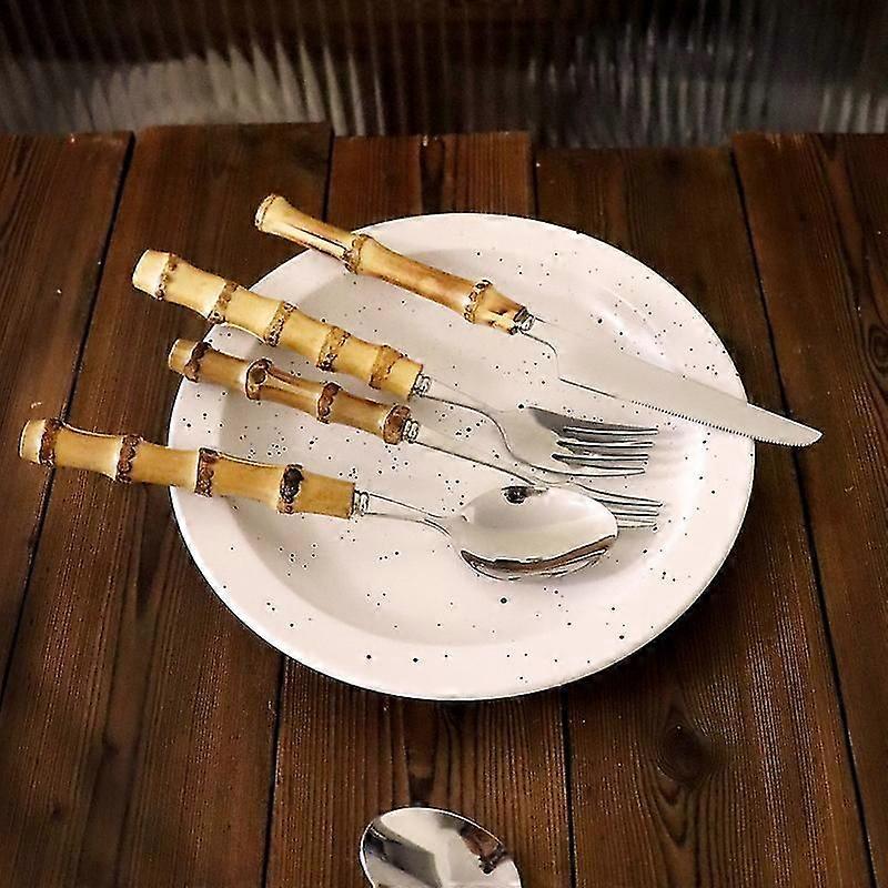Set di posate in acciaio inossidabile Posate di bambù naturali Utensili di bambù in acciaio inossidabile Posate di bambù Set di utensili con manico di bambù