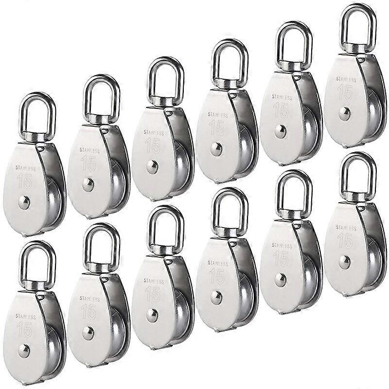 M15 Single Pulley 304 Stainless Steel, 15MM Single Pulley Block Roller, Crane Swivel Hook Smooth Wire Rope Cable Loading 77lbs/35Kg (12 Pieces)