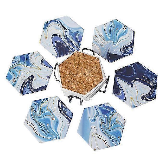 DWW 5-Piece Hexagon Blue Violet Marble Pattern Ceramic Coasters - UV Digital Printing