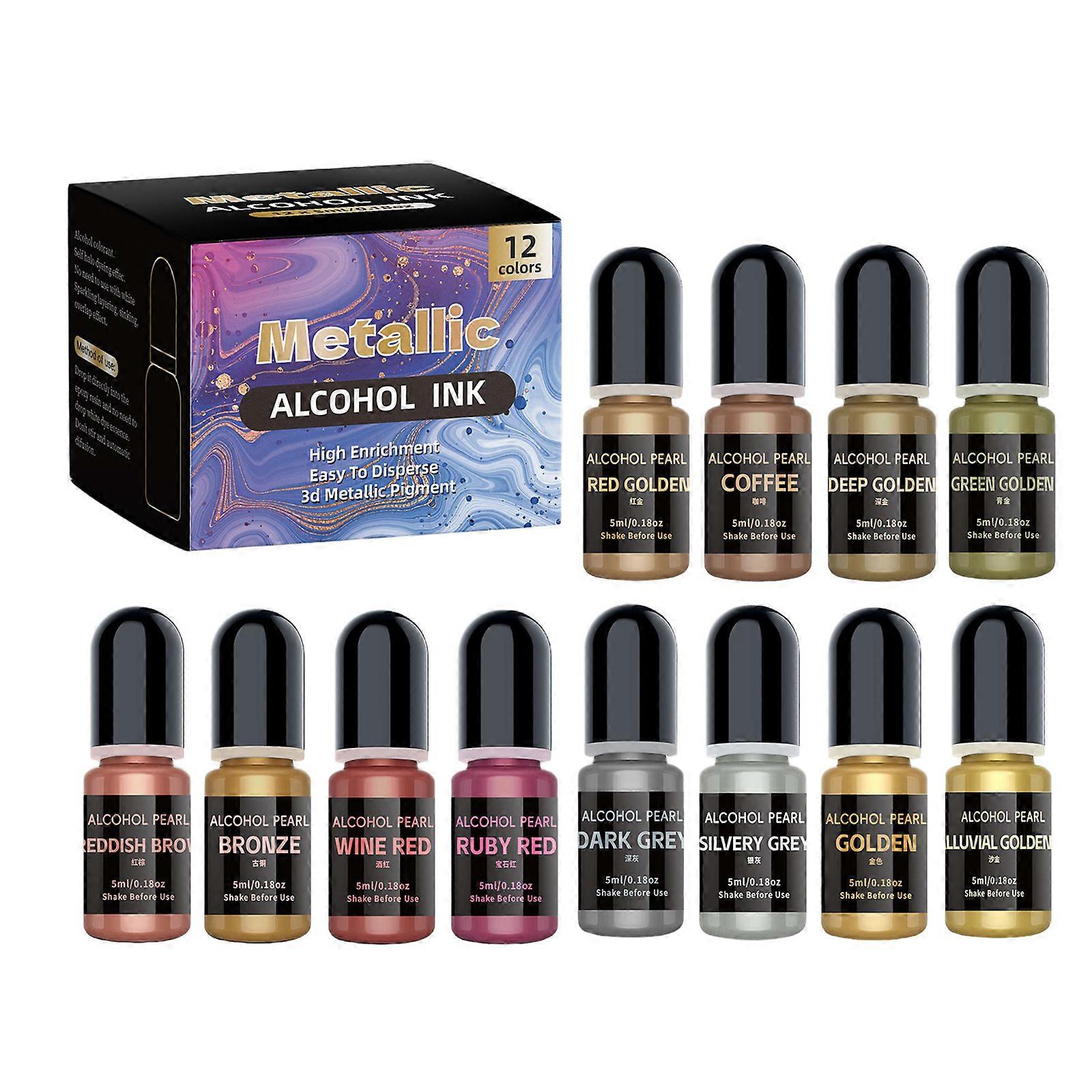 12 Piece Metallic Alcohols Ink Set for Resin Art and Scrapbooking Fast Drying Pigments for Watercolor Effects and More
