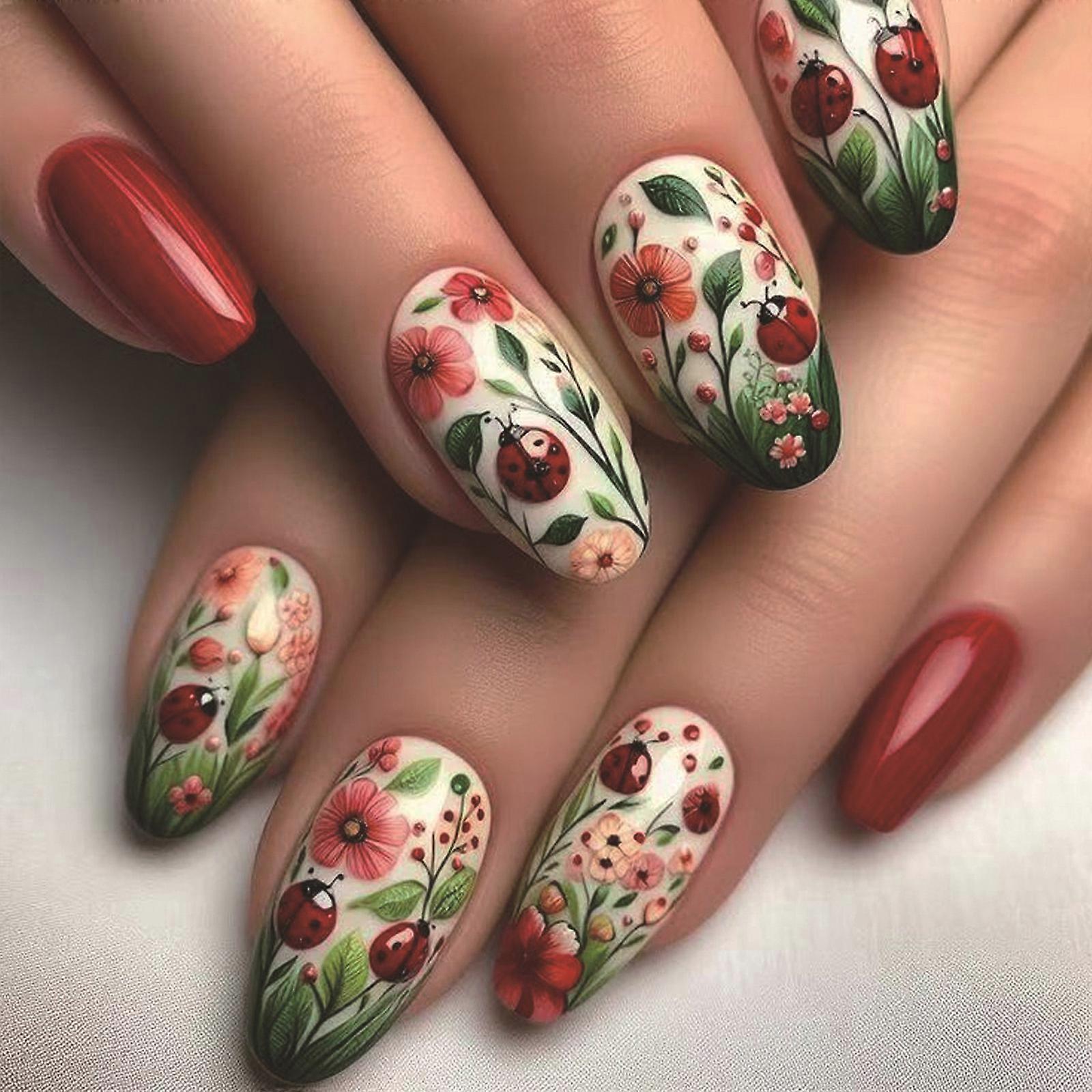 Fiore Pressa su Unghia Breve Primavera Chiodo Falso con Disegni Floreali Bastone su Unghia Lucido Artificiale 24 Pz