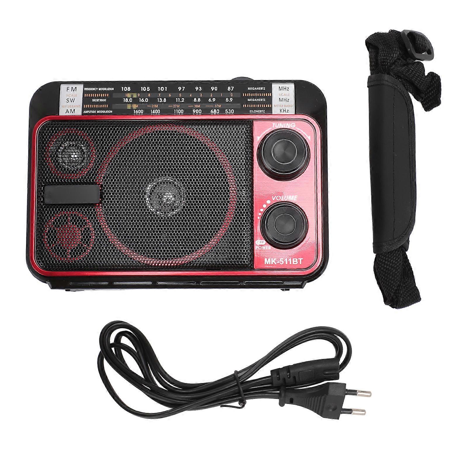 Portable Shortwave Radio FM AM SW Bluetooth 5.0 Multi-function Multi-band with Telescopic Antenna for Elderly Children Black Red EU Plug 220V