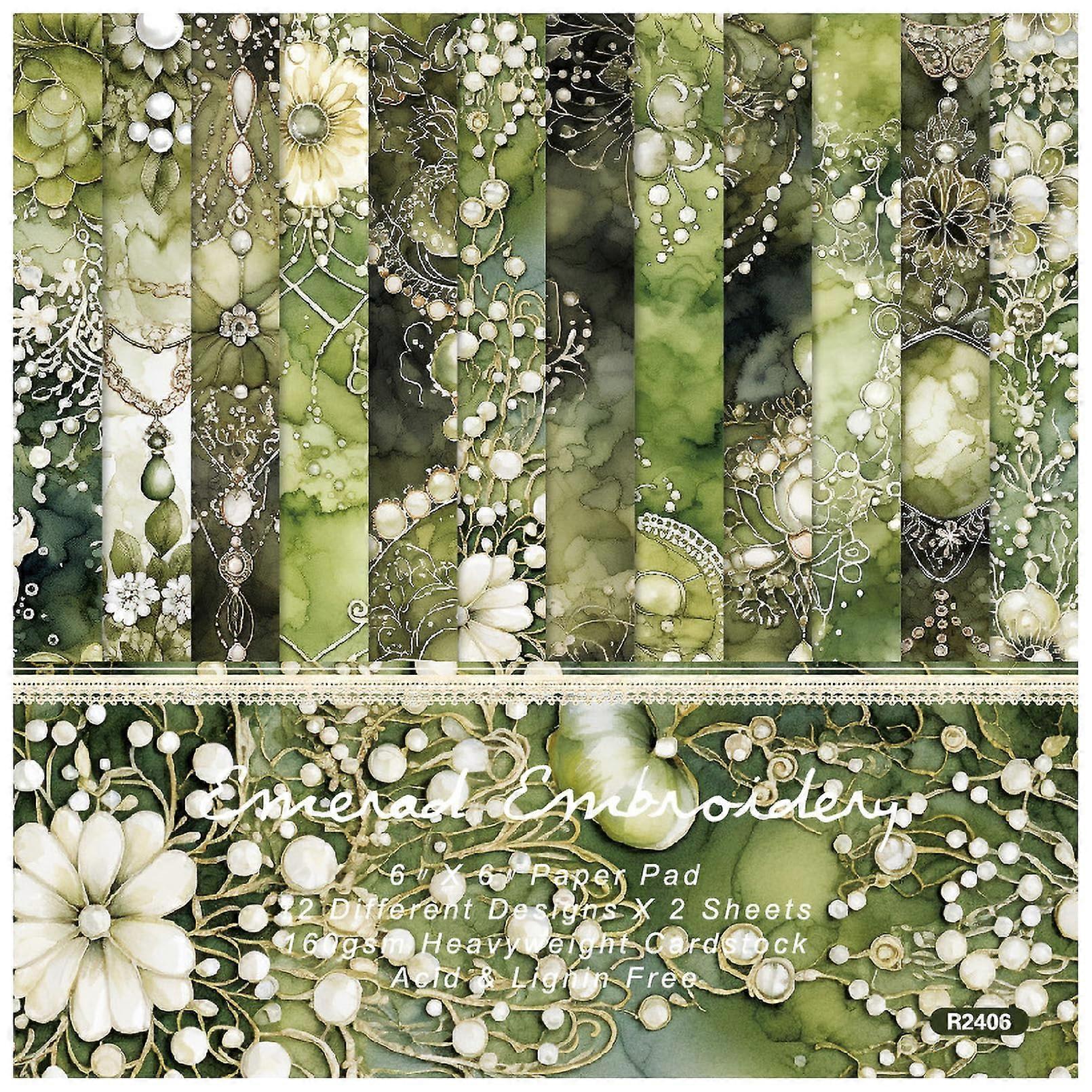 Scrapbooking Decorative paper Cardstock, 24 sheets 6'x6', floral and bead patterns, 12 designs, green