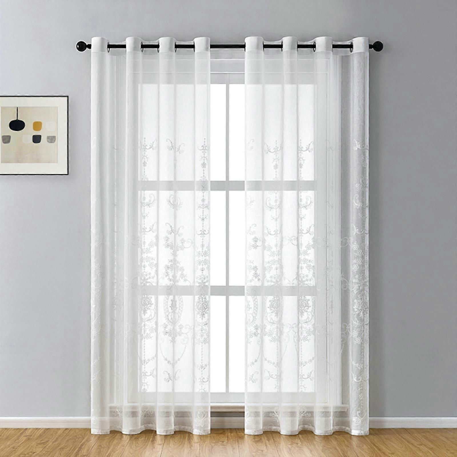 Voile Curtain White Transparent Polyester Linen 132 cm Height Eyelet Pack of 2 Short Sheer Embroidered Modern Window Treatment