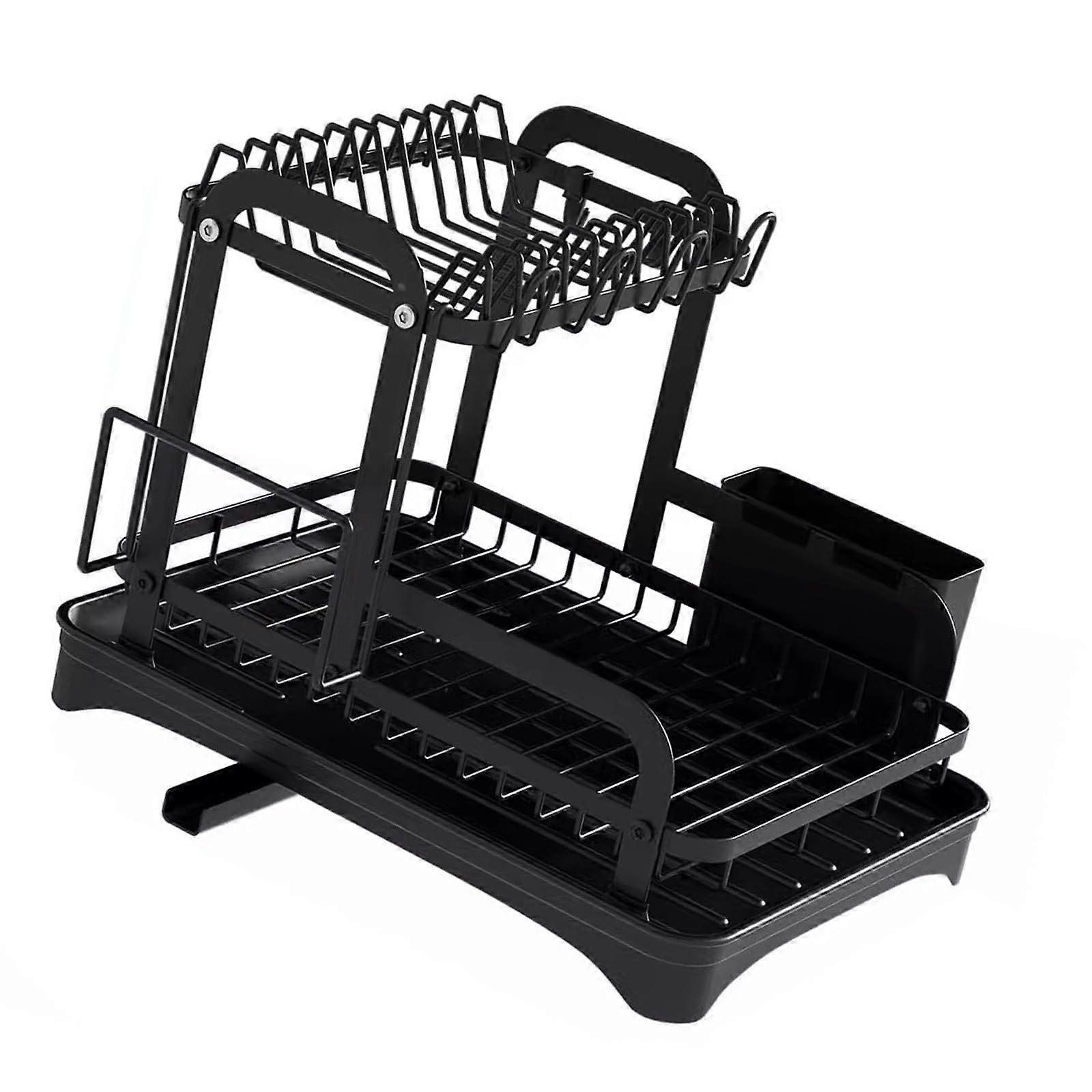 2 Tier Dish Drying Rack With Drainer, Sturdy Iron Construction, Space Saving Design For Kitchen Countertops