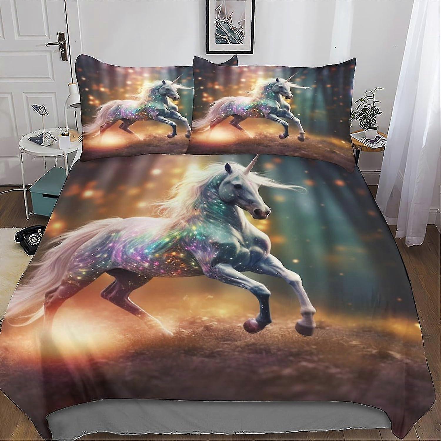 Conjunto de Capa de Edredom de Criatura de Fantasia Macia - Capa de Edredom Estampada de Cavalo Arco-Íris, Fronhas e Capa de Colcha com Zíper