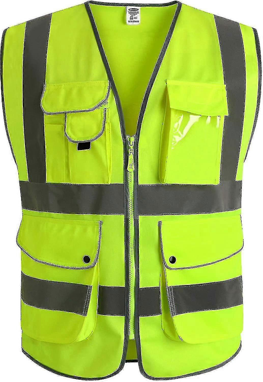 9 Pockets Class 2 High Visibility Zipper Front Safety Vest With Reflective Strips, Yellow Compliant with ANSI/ISEA Standards Suitable for Va