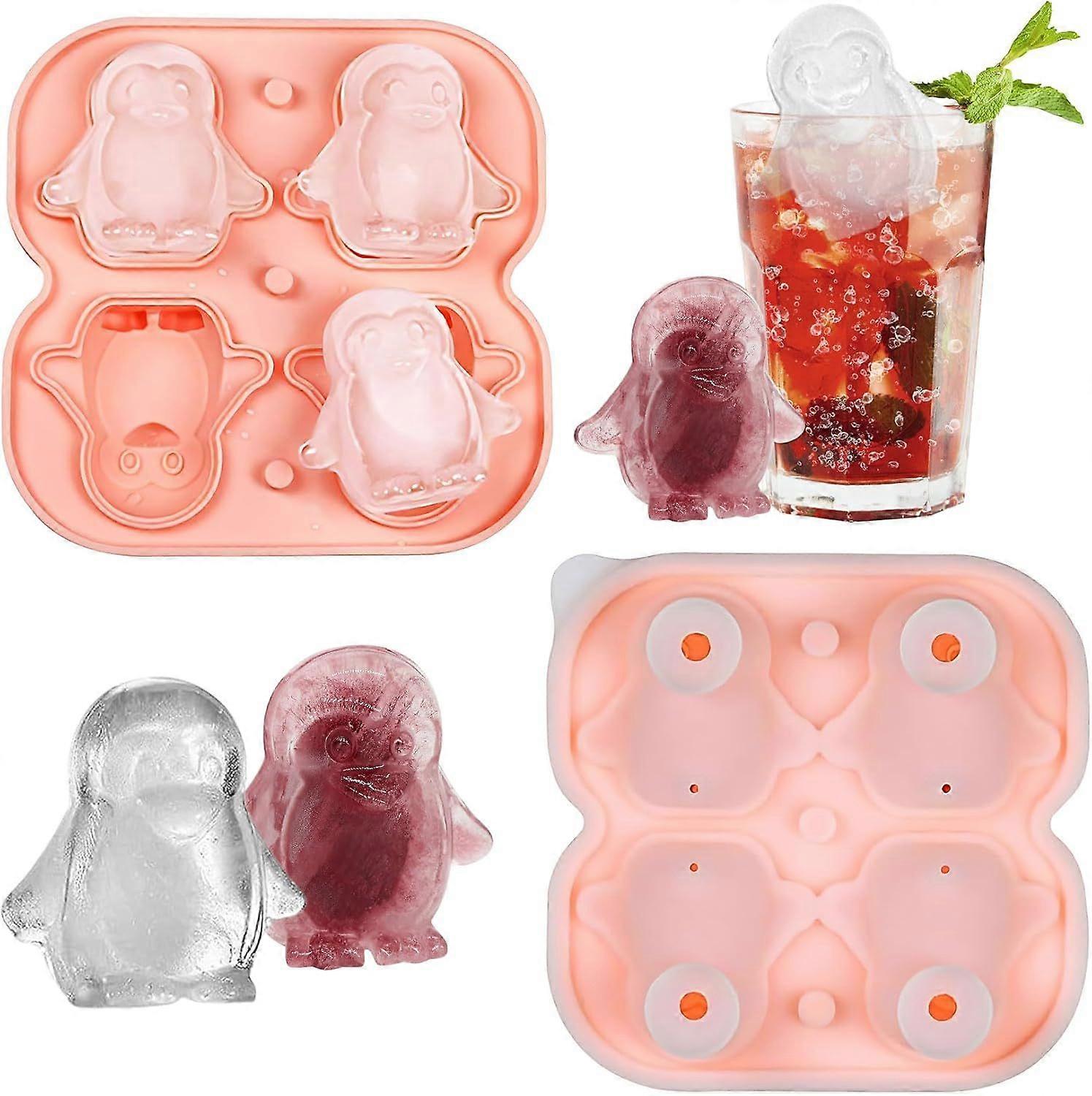 Silicone Ice Cube Tray, Funny 3D Penguin Ice Cube Trays, 4 Cavities Reusable Ice Cube Tray with Lid and Funnel, BPA-Free, for Ice, Whiskey, Cocktail, 