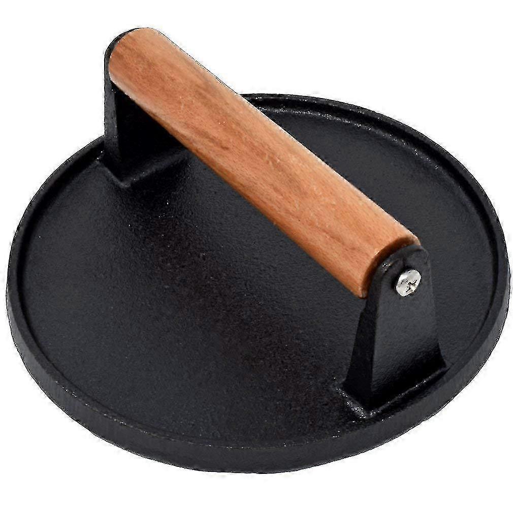 Non-stick Cast Iron Hamburger Press - Heavy Duty Ground Steak Burger Press With Cool Touch Wooden Handle - Ridged Ground Steak Pre SZRH A-D 4442