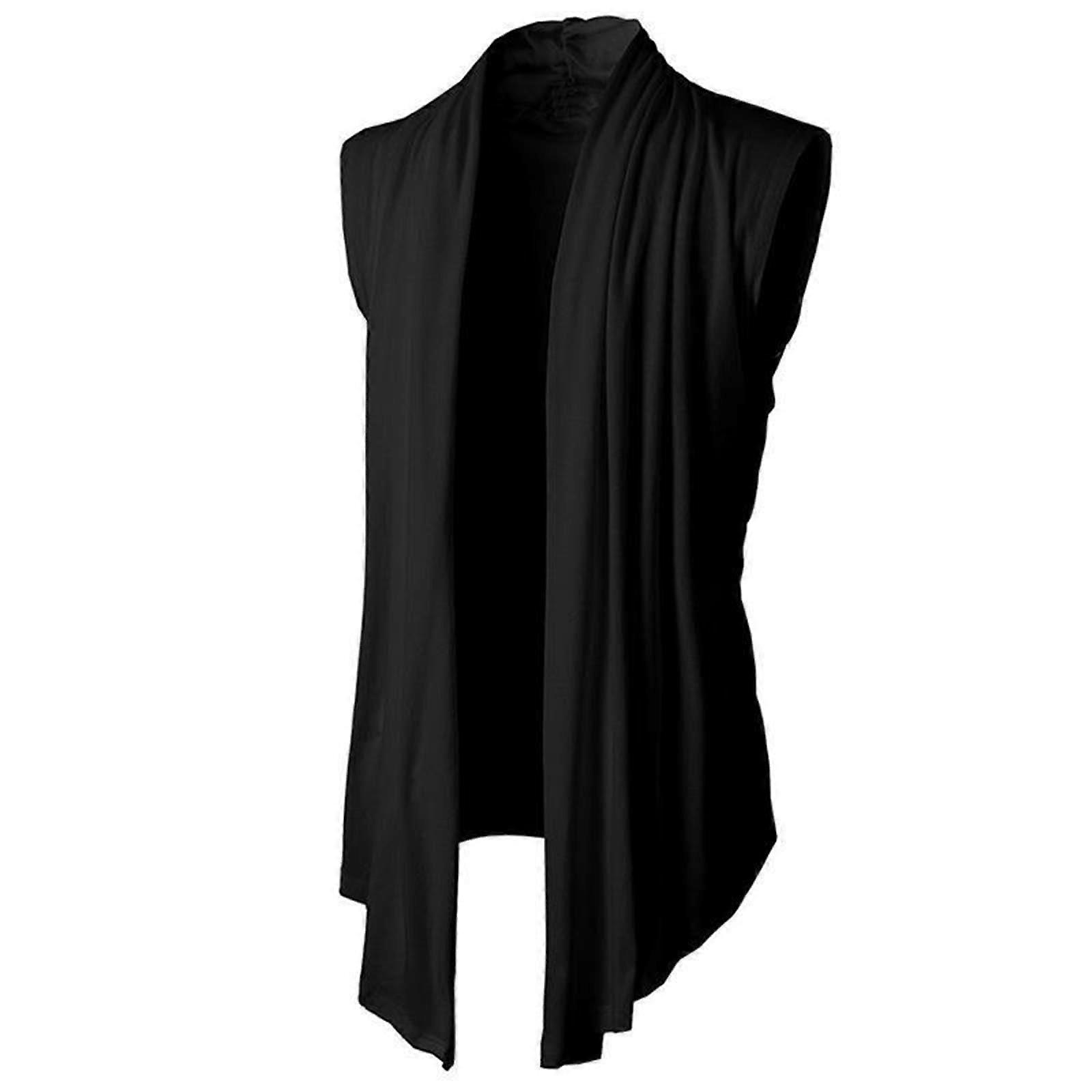 Men's Sleeveless Cardigan with Irregular Ruffle Shawl Collar – Lightweight Vest Drape Cape, Gothic Vintage Pleated , XXL Black