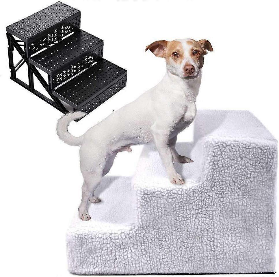 Dog Steps for Bed, 3-Step Ramp Ladder, Pet Stairs for High Couch, Machine Washable Cover, Indoor/Outdoor, Lightweight, Stable, White