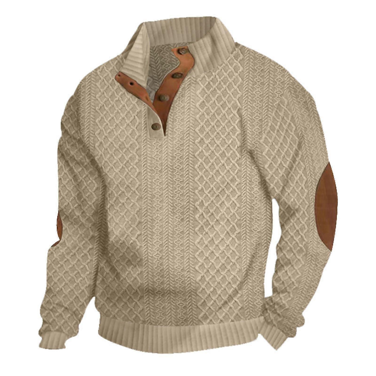 Men's Sweater Winter Work Jumper StandUp Collar Button Classic  L Khaki