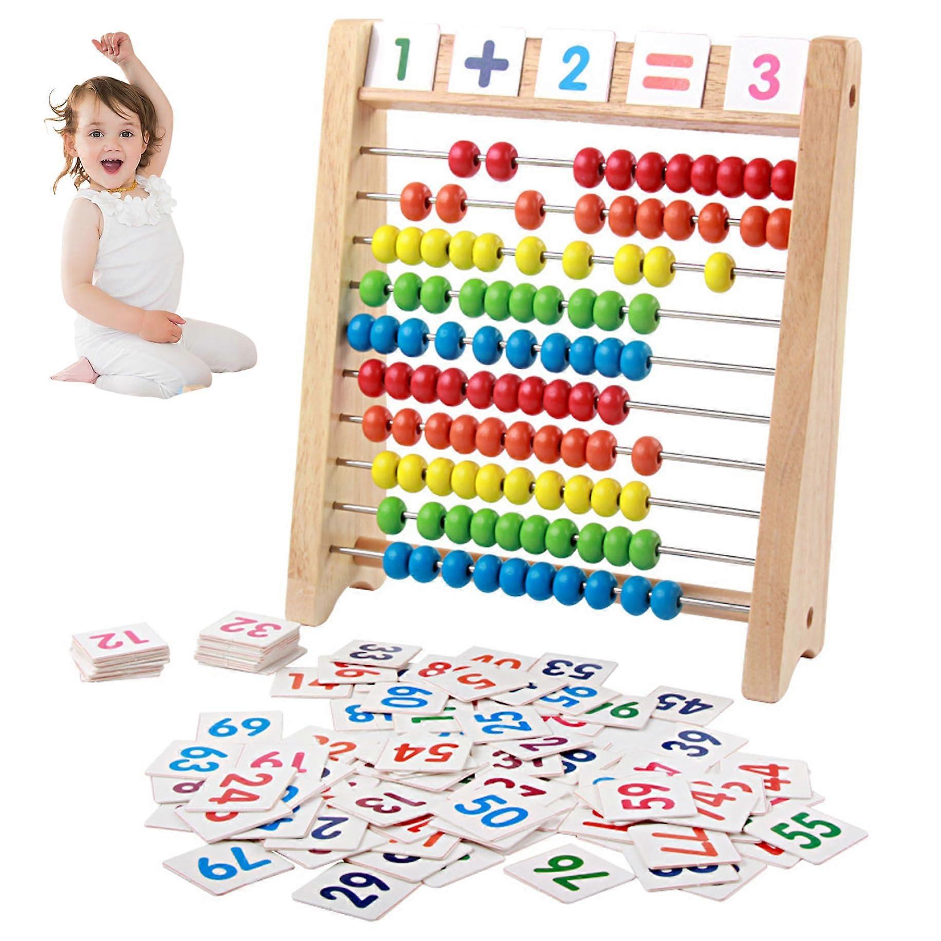 Abacus for Kids Math Learning - 10-Row Wooden Abacus with 110 Multi-Color Beads and Counting Blocks for Preschool Ages 3+