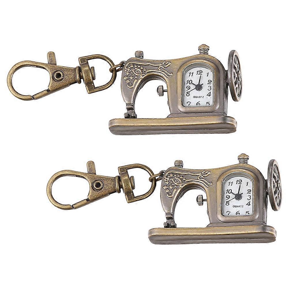 Vintage Bronze Keychain with Quartz Clock Sewing Machine Shape Watch 2Pcs