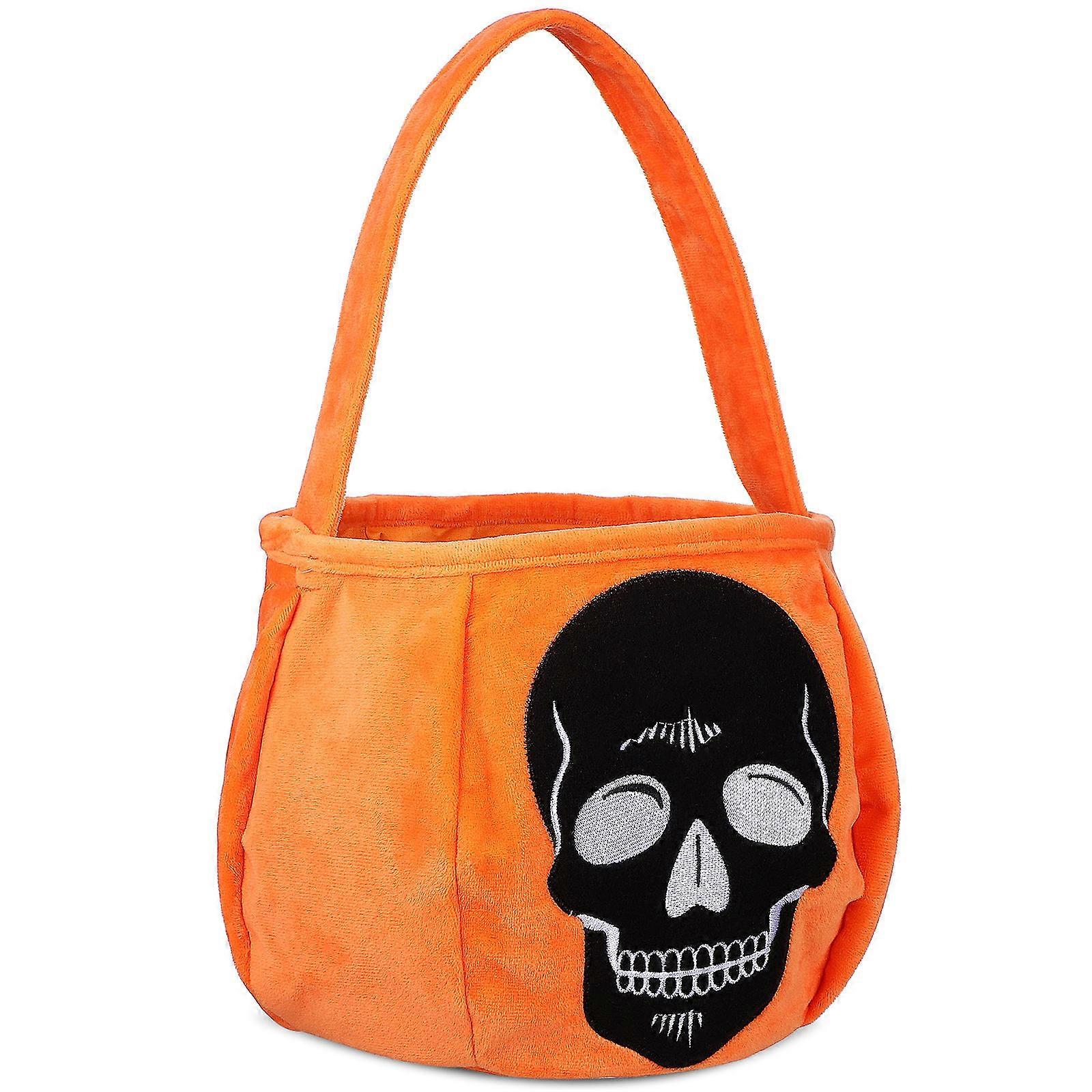 Soft Plush Halloween Pumpkin Candy Basket with Skull Pattern – Reusable Treat Bag for Party Gifts and Trick or Treating