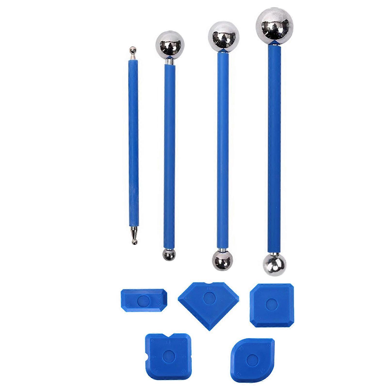 9Pcs Functional Caulking and Joint Smoothing Tool Set for Tiles with Silicone Smoothers and Metal Sphere Pullers Multicolor