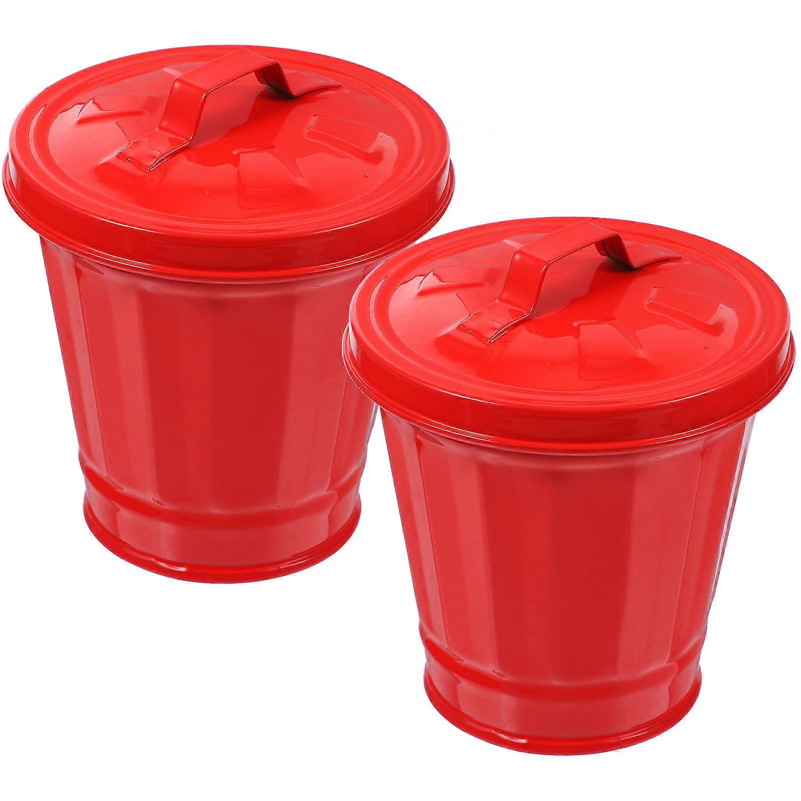 Mini Desktop Trash Can Red Garbage Bucket 9.00X9.00X9.60cm Home Office Use 2Pcs