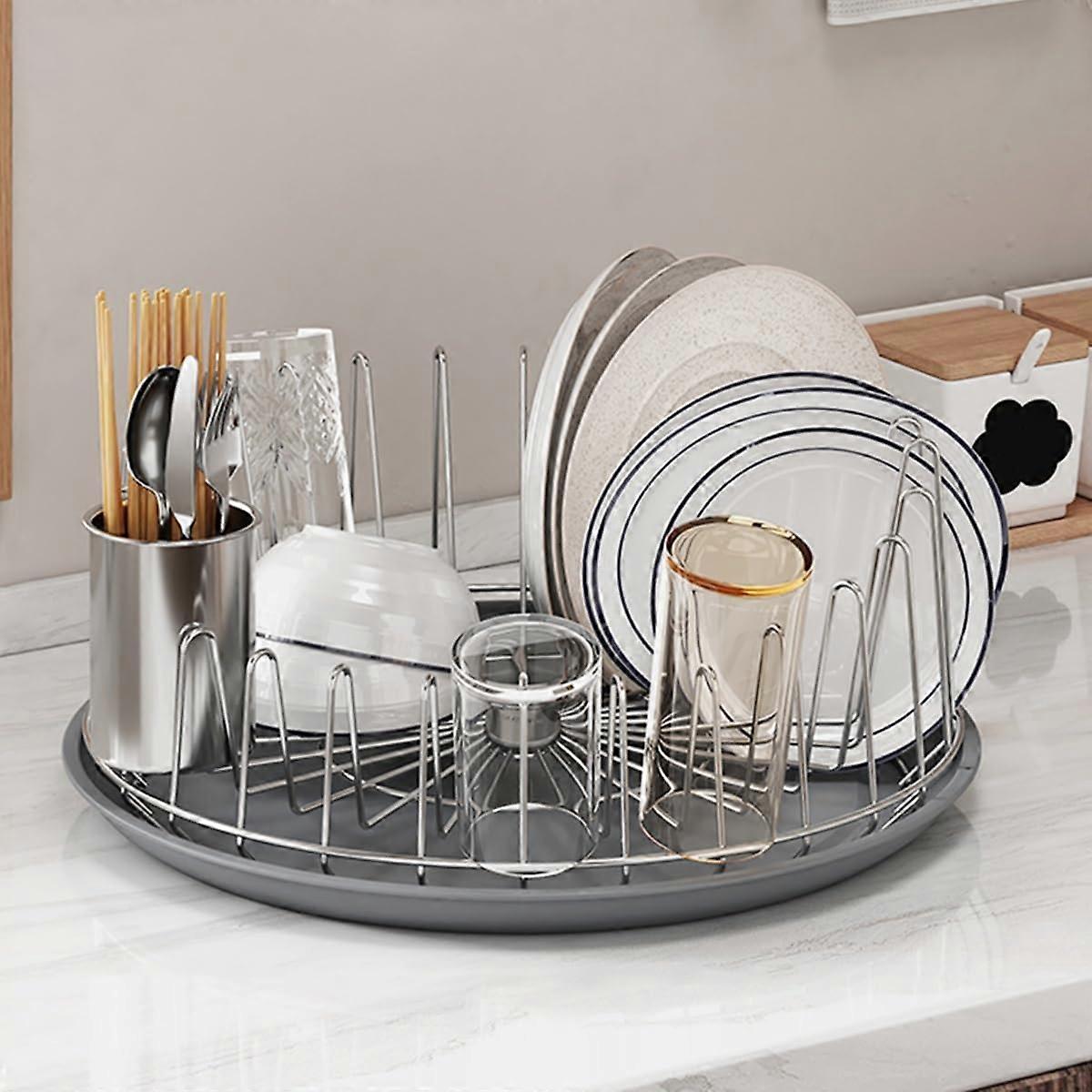 Stainless steel draining rack with draining surface and cutlery holder, rust, for organizing work surfaces, gray