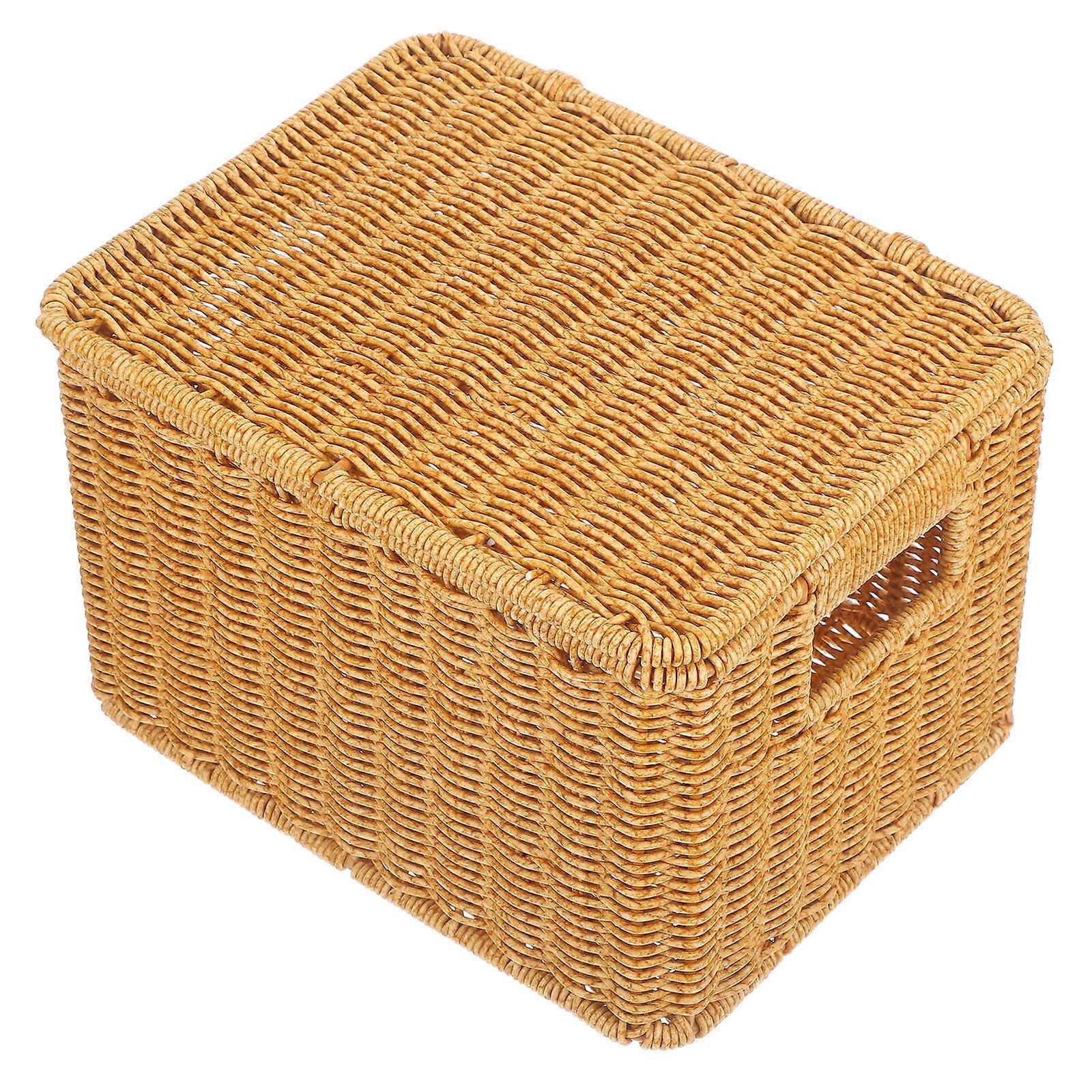 Brown Plastic Handmade Storage Basket with Lid for Organizing Sundries and Laundry 10.5 x 12.5 x 14.5 Inches