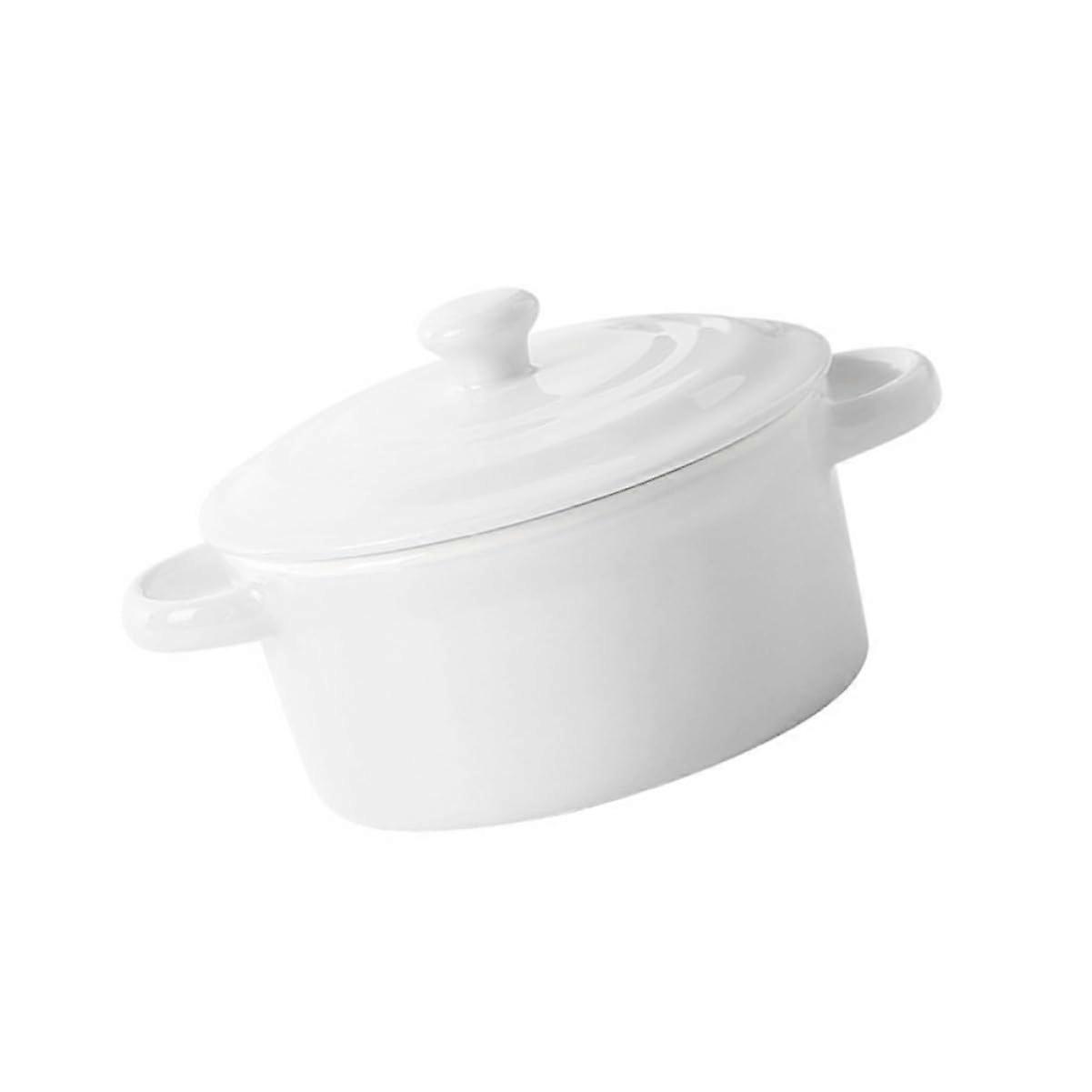 Ceramic Food Container With Lid, Double Handles, For Soup, Egg Pudding, And Vegetables, White