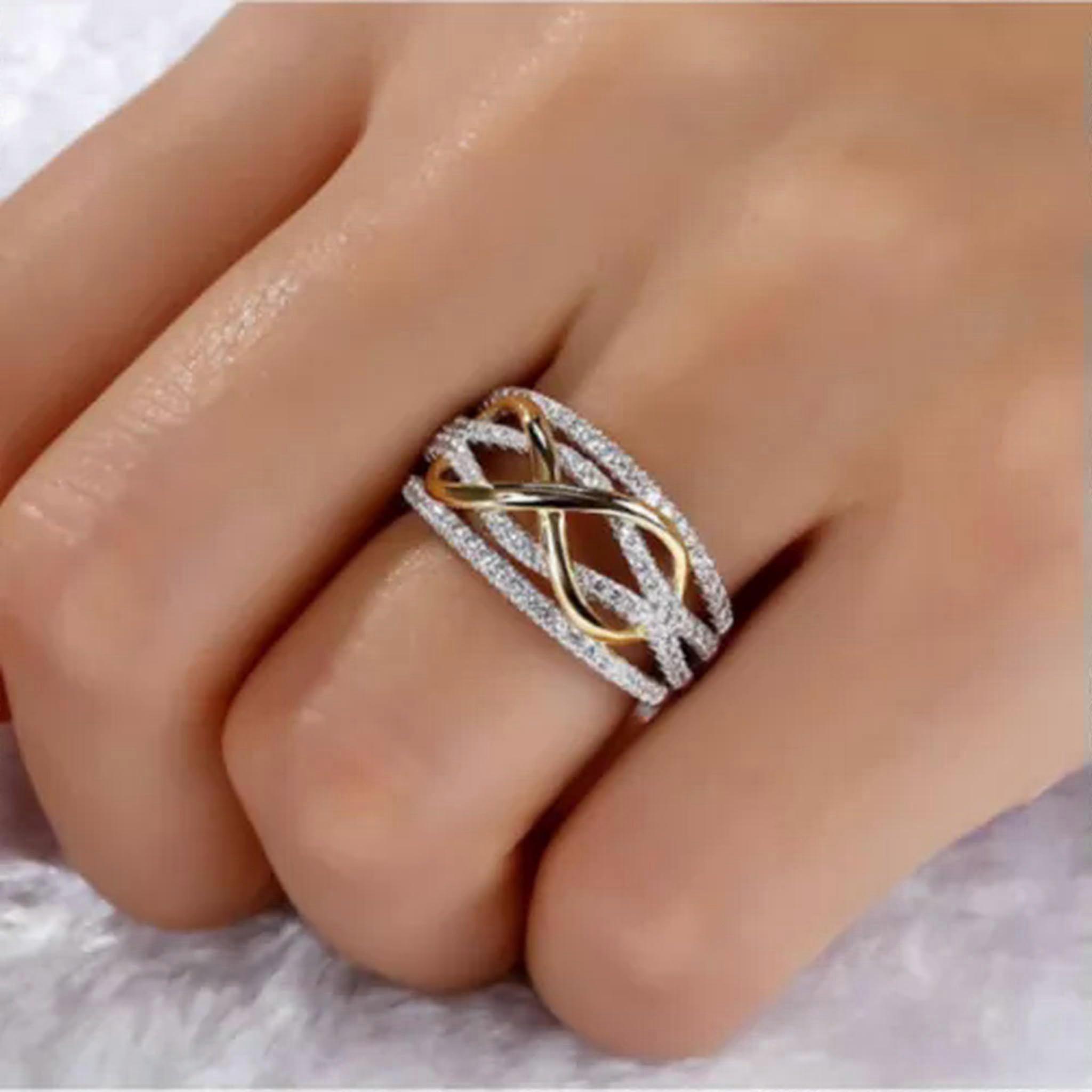 Women’s Infinity CZ 925 Silver Gold Two-Tone Wedding Ring Size 8 for Parties and Special Occasions