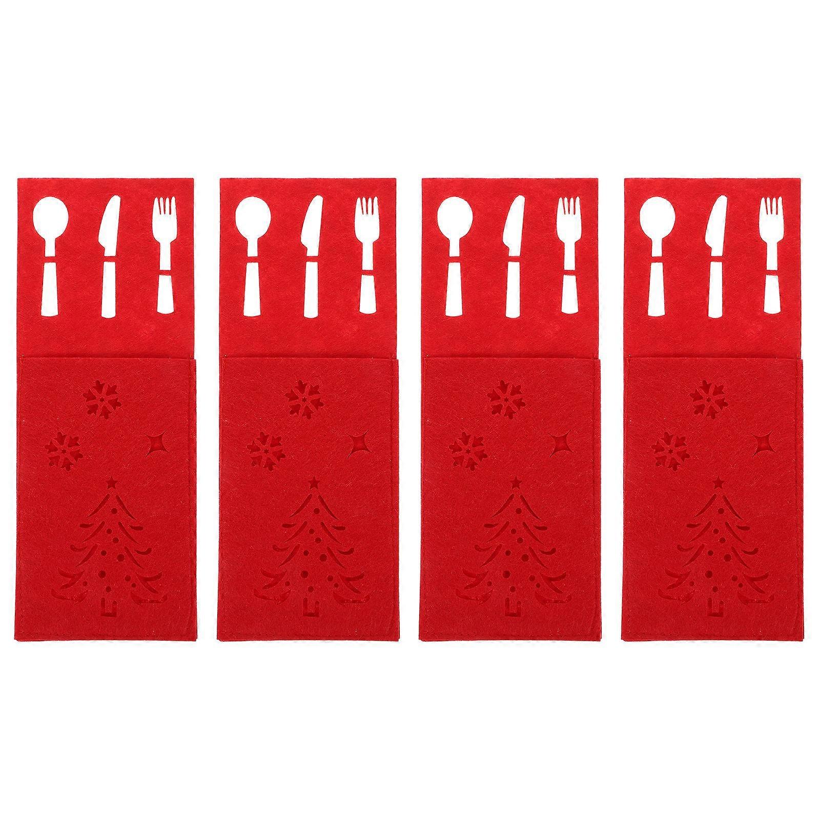 Silverware Holder for Party Tableware Pouch Christmas Dinner Table Red Felt Storage 4Pcs Set