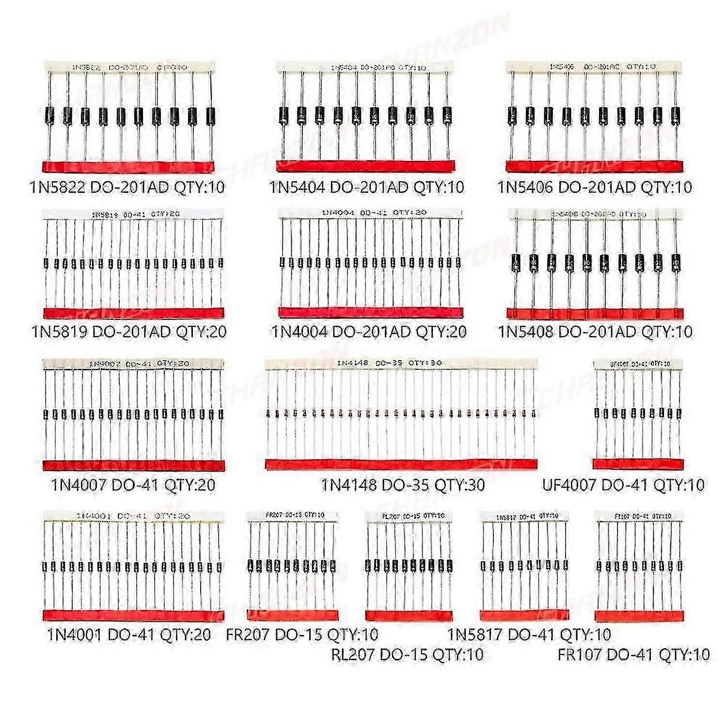 200Pcs Fast Switching Schottky Diode Kit 1N4001 1N4004 1N4007 1N5408 UF4007 FR207 1N5817 1N5819 1N58 Cs