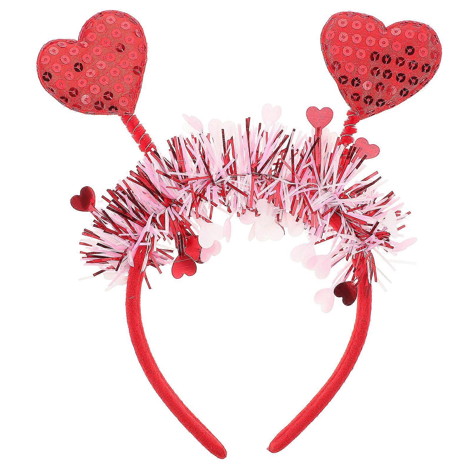 Heart Sequin Headband for Valentine's Day Romantic Party Hair Accessory Comfortable Elastic Band Red Heart Tiara with Tricolor Streamers for Couples