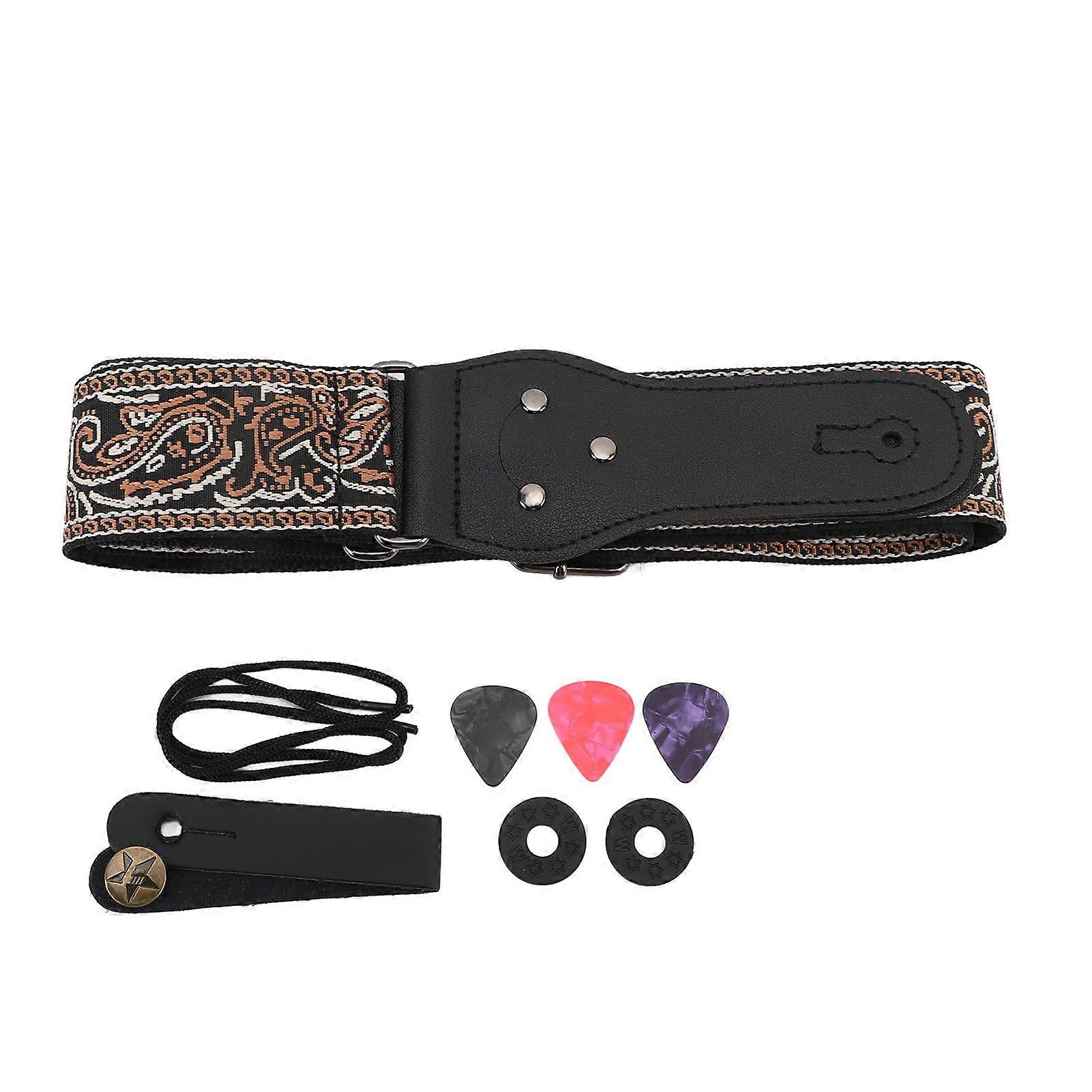 Guitar Strap Vintage Embroidered Pattern Length Adjustable Wide Guitar Belt for Acoustic Electric Guitars Bass Brown