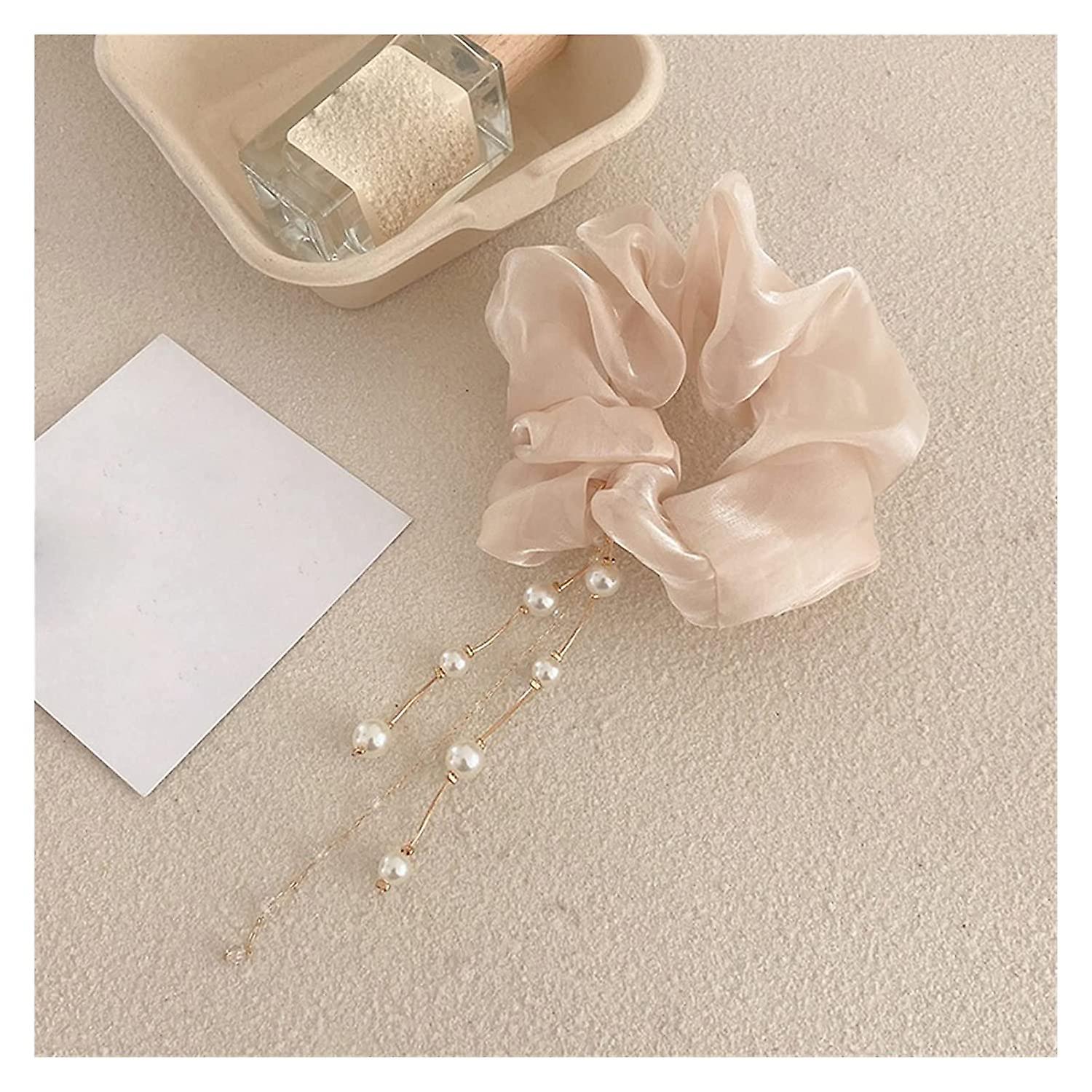 Lxrzls Women Elegant Pearls Rhinestone Tassel Chiffon Large Intestine Elastic Hair Bands Sweet Hair Tie Scrunchie Hair Accessories (color : Light Pink