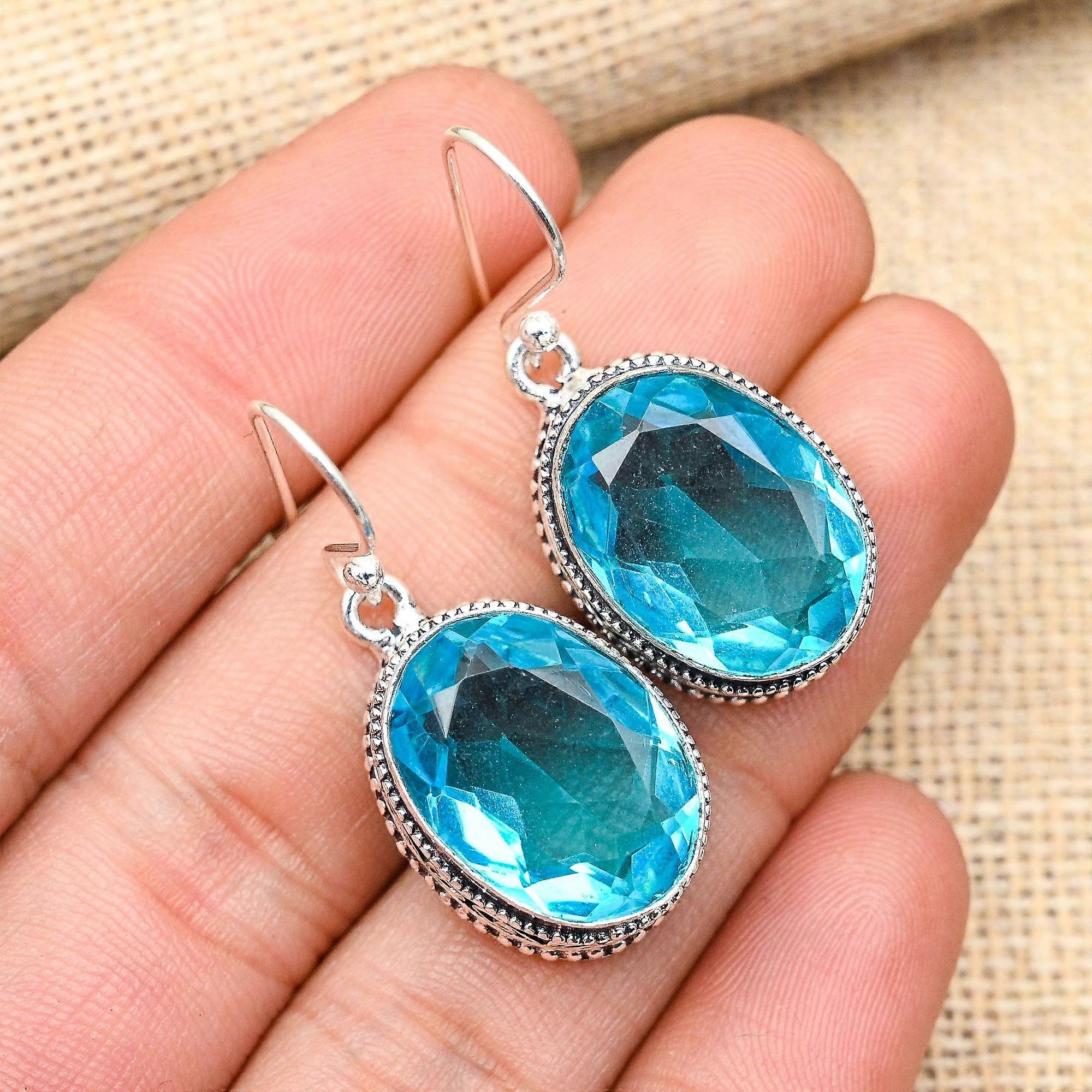 Awesome Blue Topaz Gemstone Handmade 925 Solid Sterling Silver Earrings For Wedding Gift