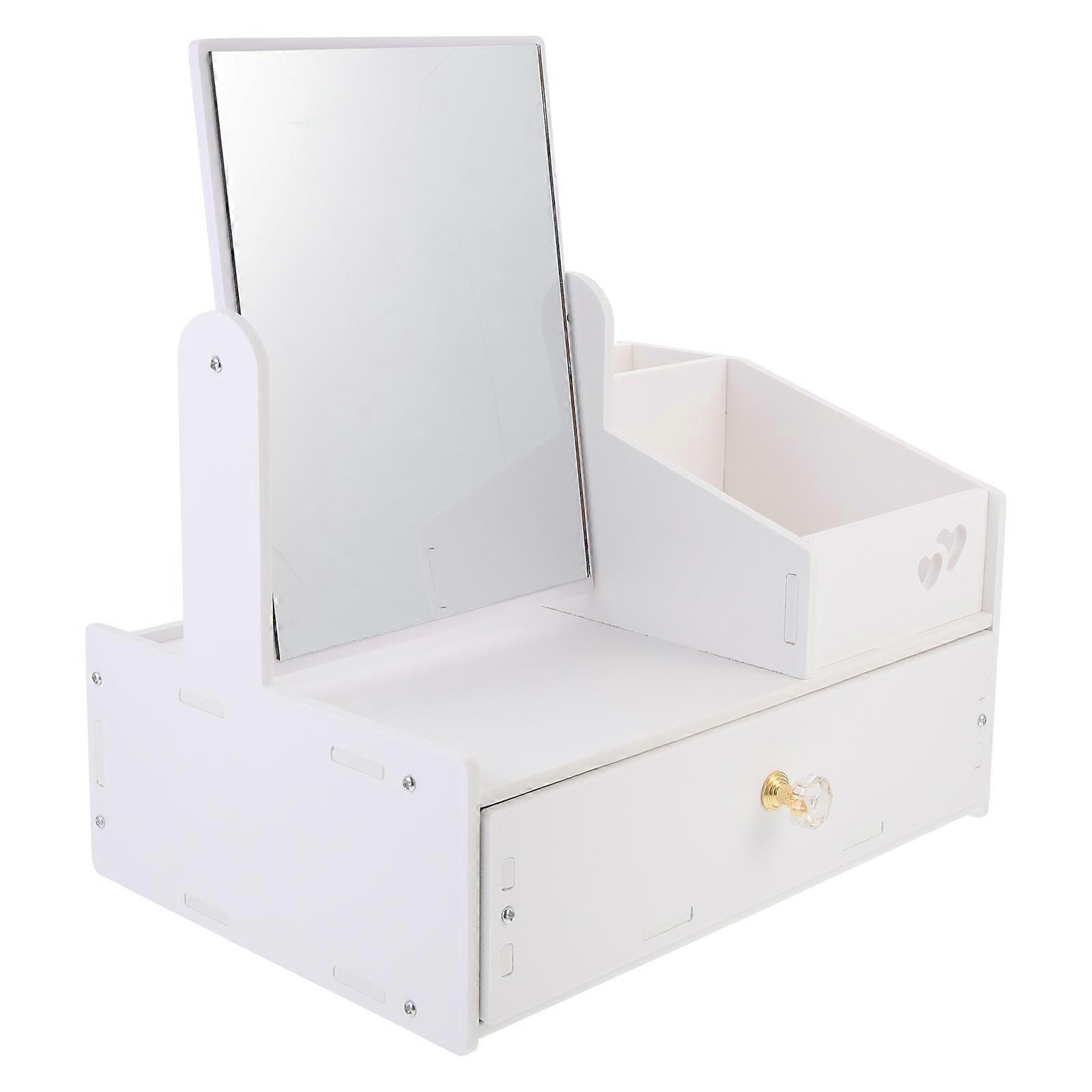 White Cosmetics Storage Box with Mirror for Home Drawer Organizer