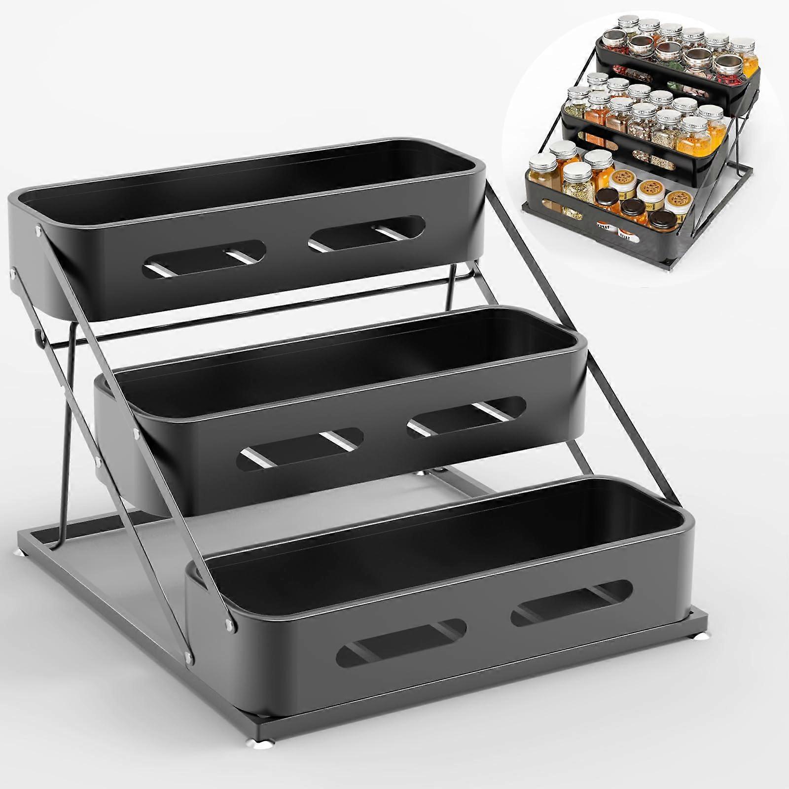 Spice Rack Organizer, 3 Tier Rustproof Steel Storage with Guardrail for Kitchen Cabinet and Countertop